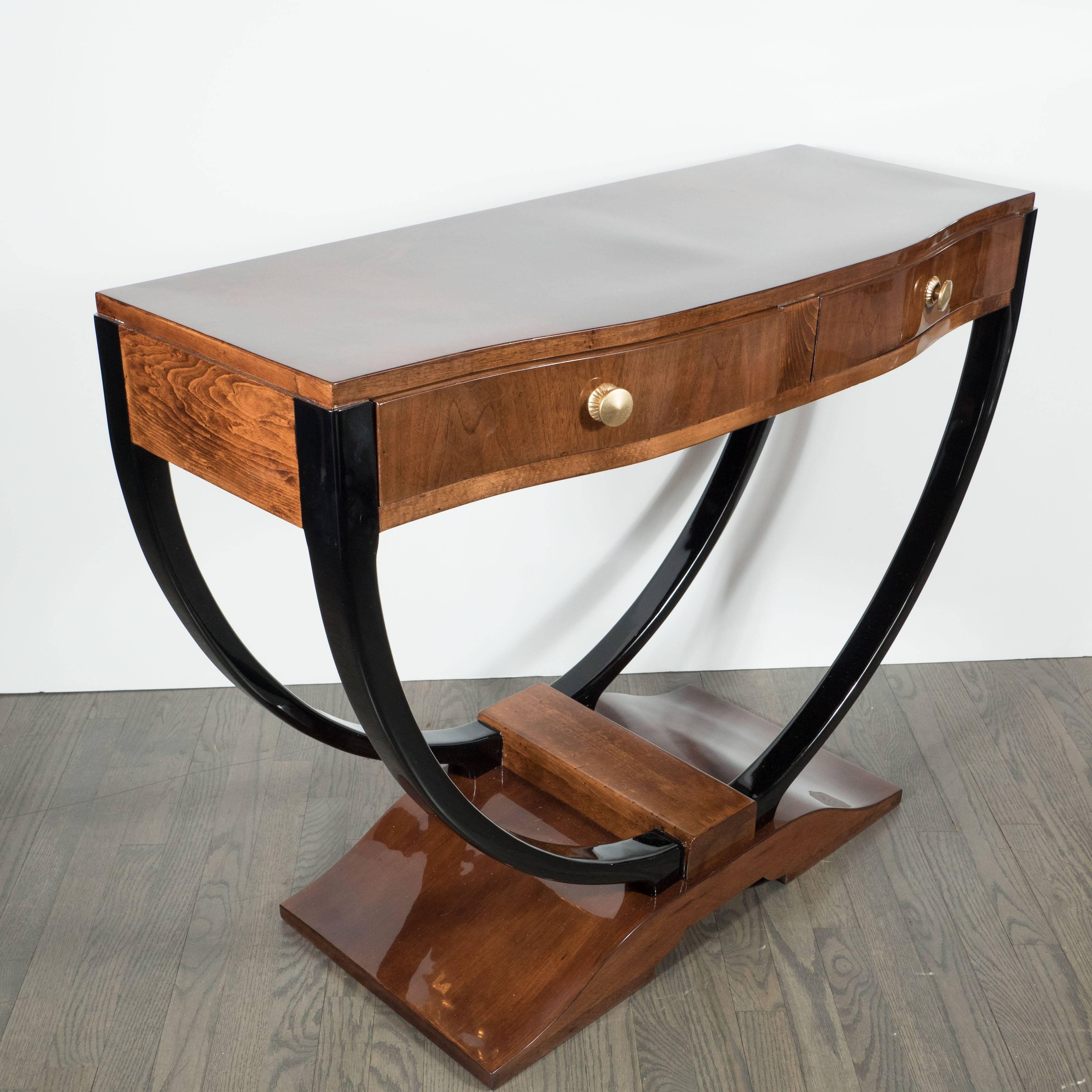 French Art Deco Console in Bookmatched Walnut and Black Lacquer Accents 5