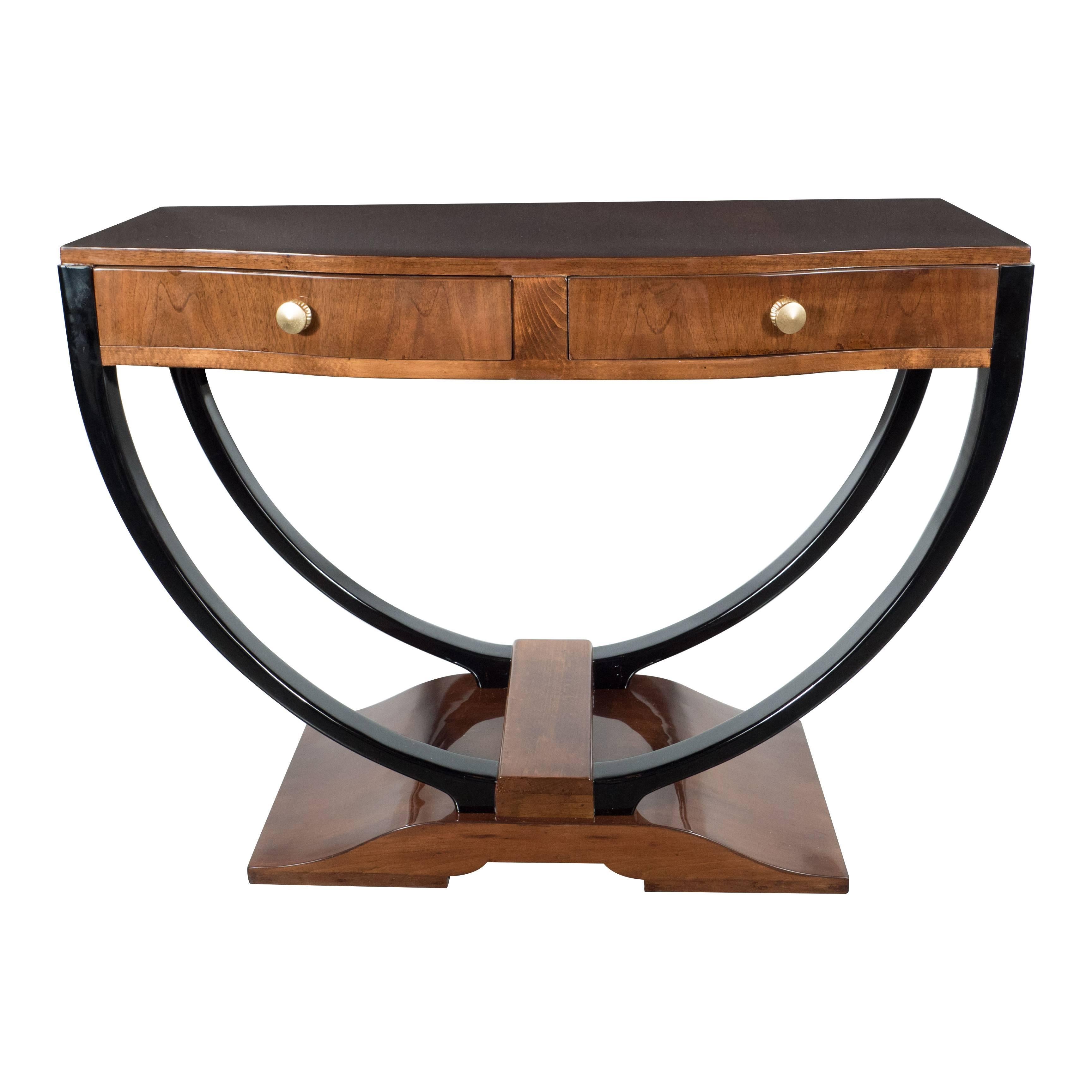 French Art Deco Console in Bookmatched Walnut and Black Lacquer Accents