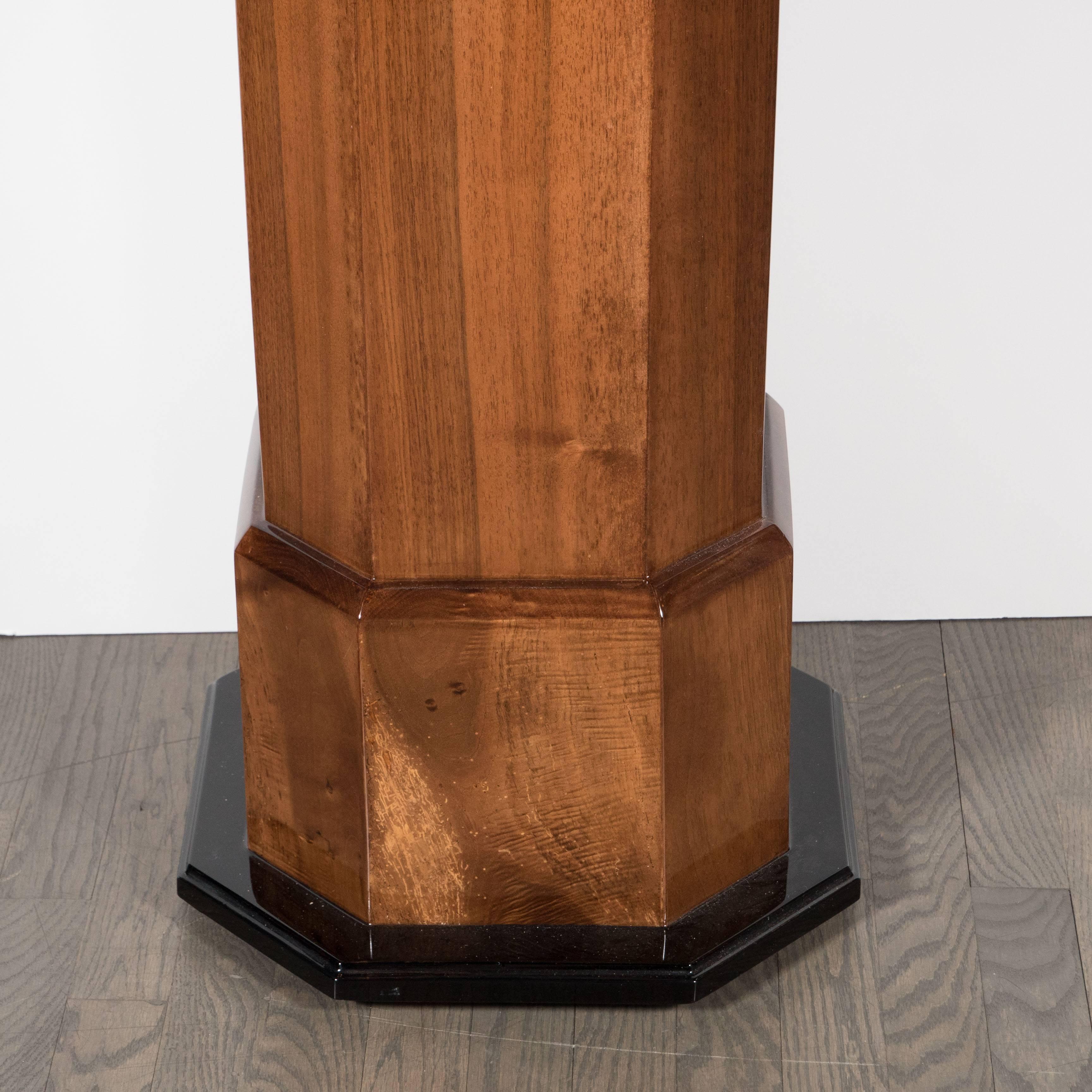 Mid-20th Century Art Deco Skyscraper-Style Pedestal in Bookmatched Walnut with Lacquer Accents
