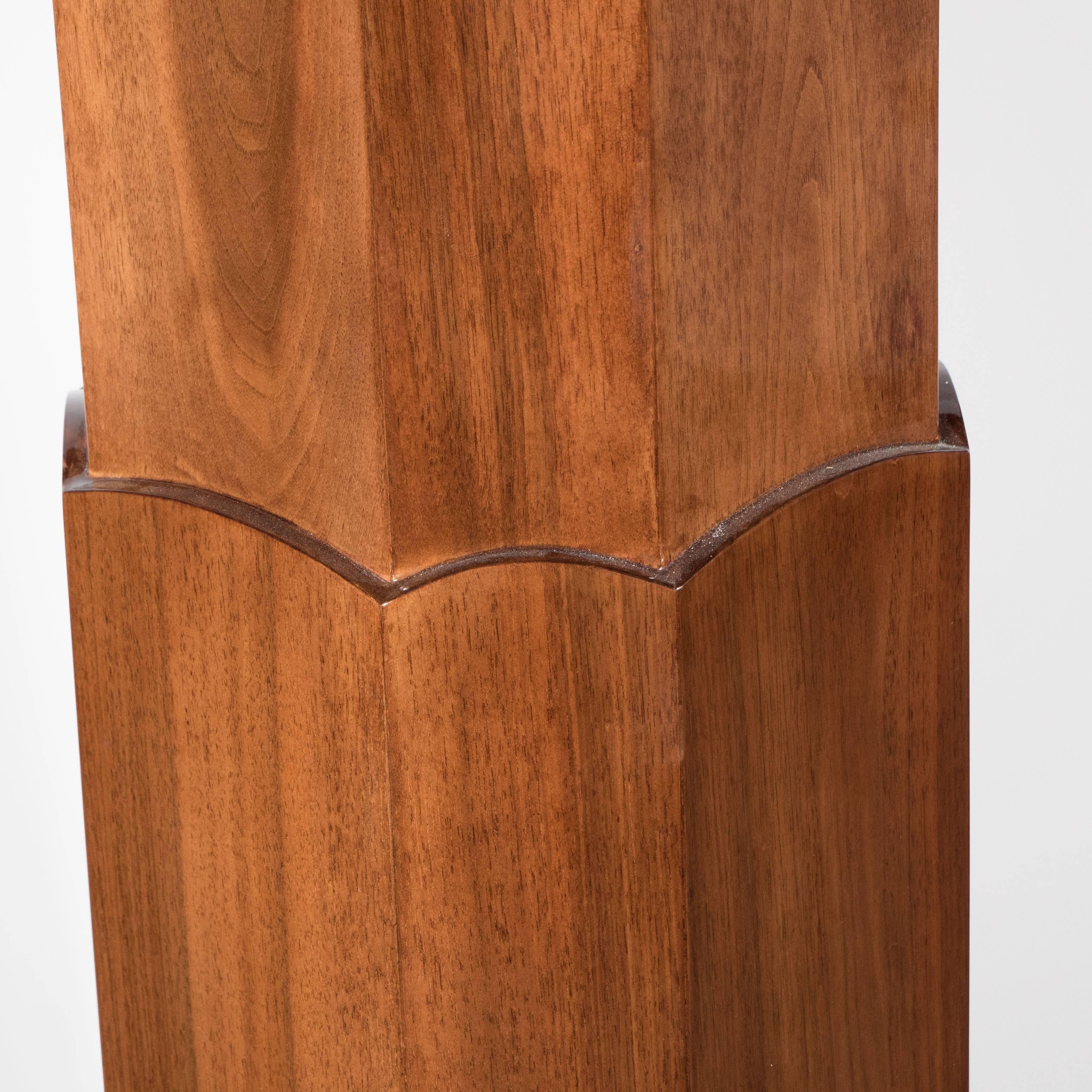 Art Deco Skyscraper-Style Pedestal in Bookmatched Walnut with Lacquer Accents 2