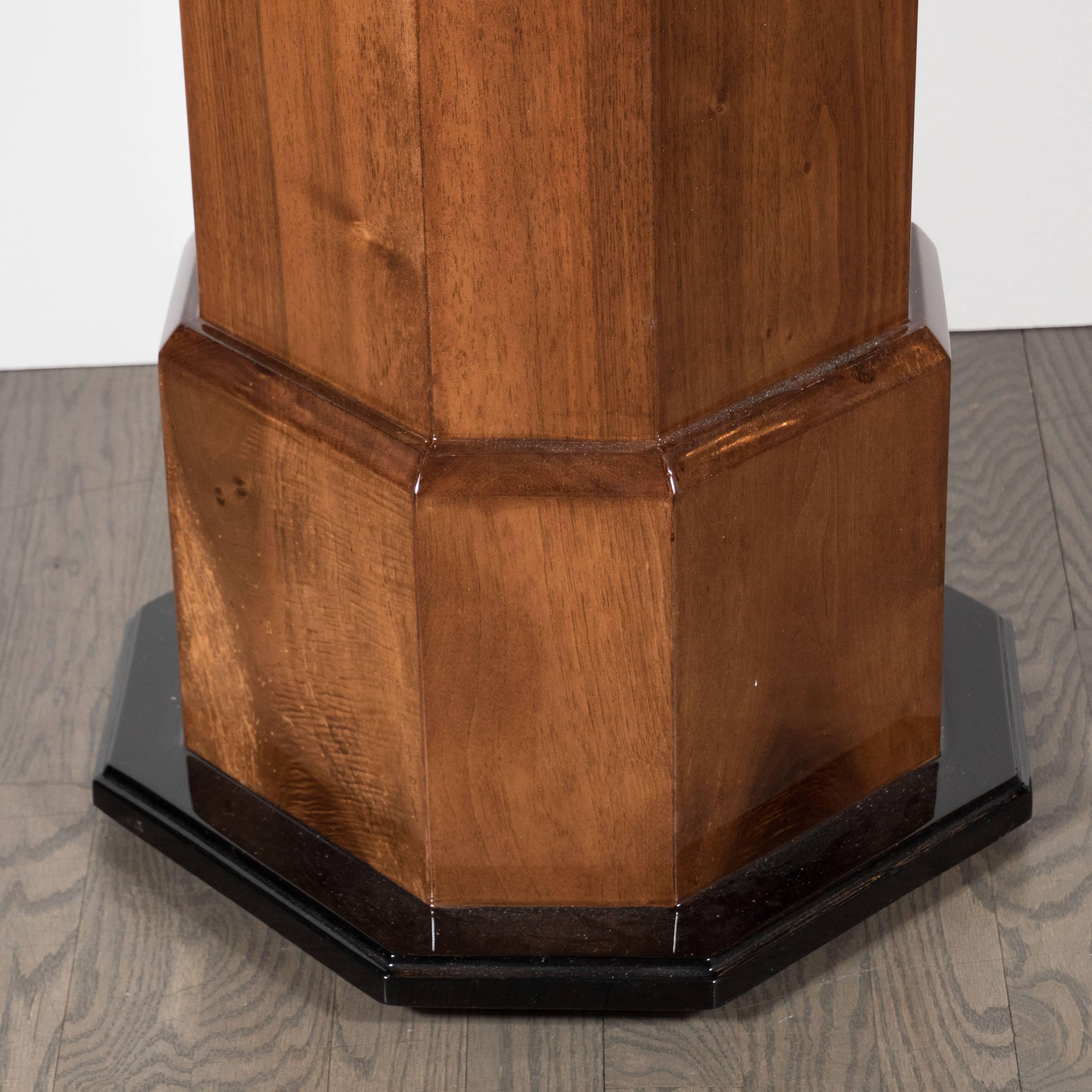 French Art Deco Skyscraper-Style Pedestal in Bookmatched Walnut with Lacquer Accents