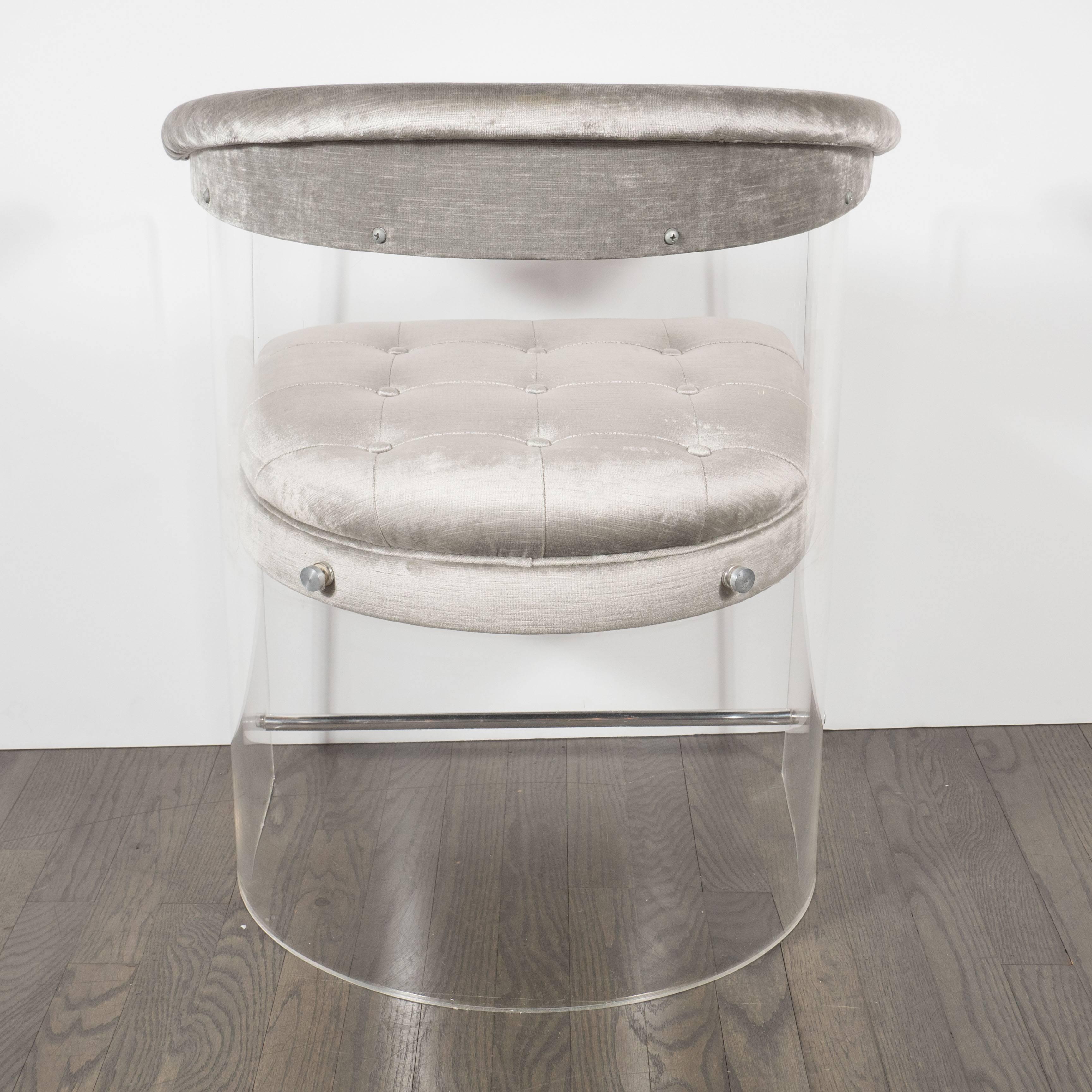 Mid-Century Modern Luxe Mid-Century Lucite and Chrome Wrap Around Chair in Platinum Velvet Fabric