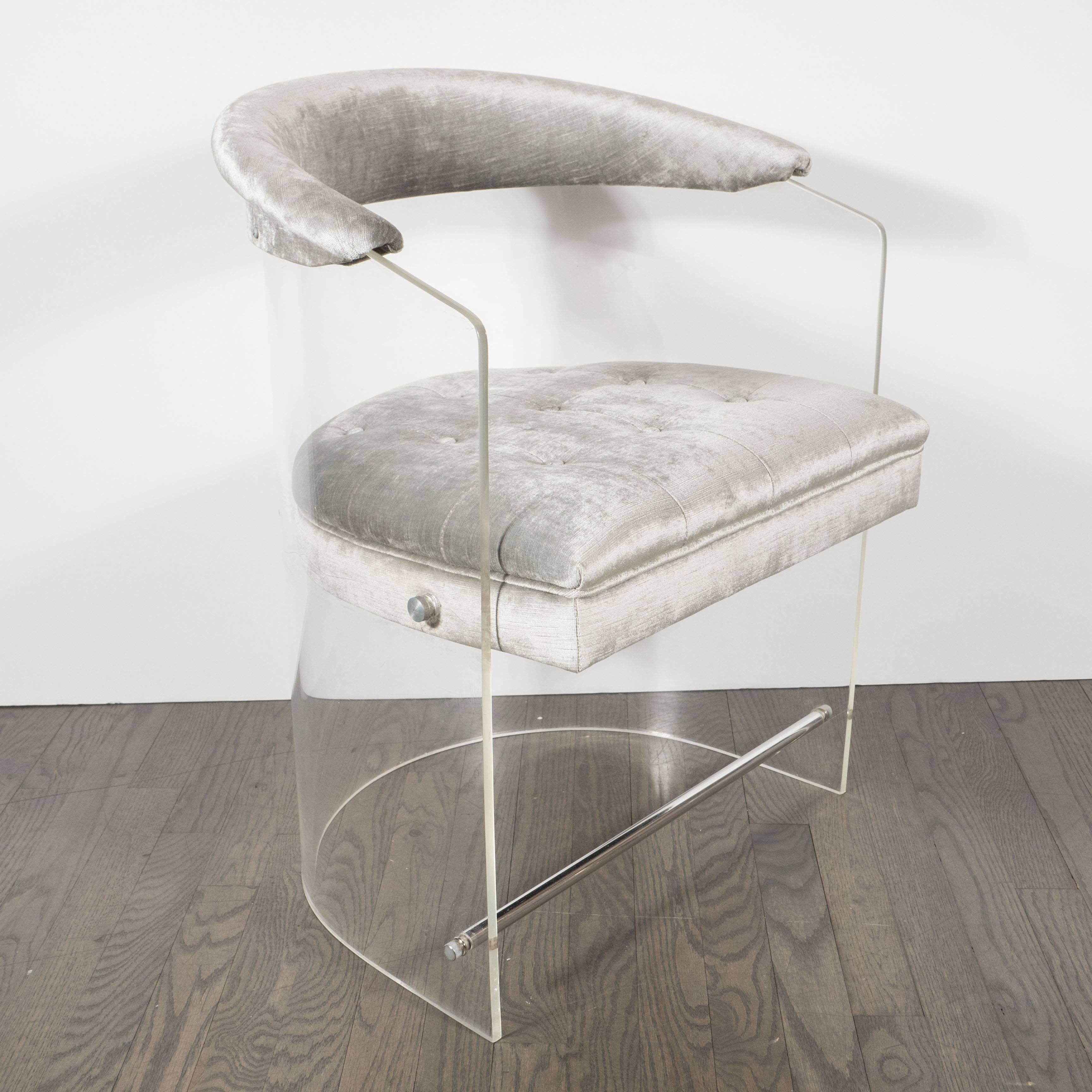 Late 20th Century Luxe Mid-Century Lucite and Chrome Wrap Around Chair in Platinum Velvet Fabric