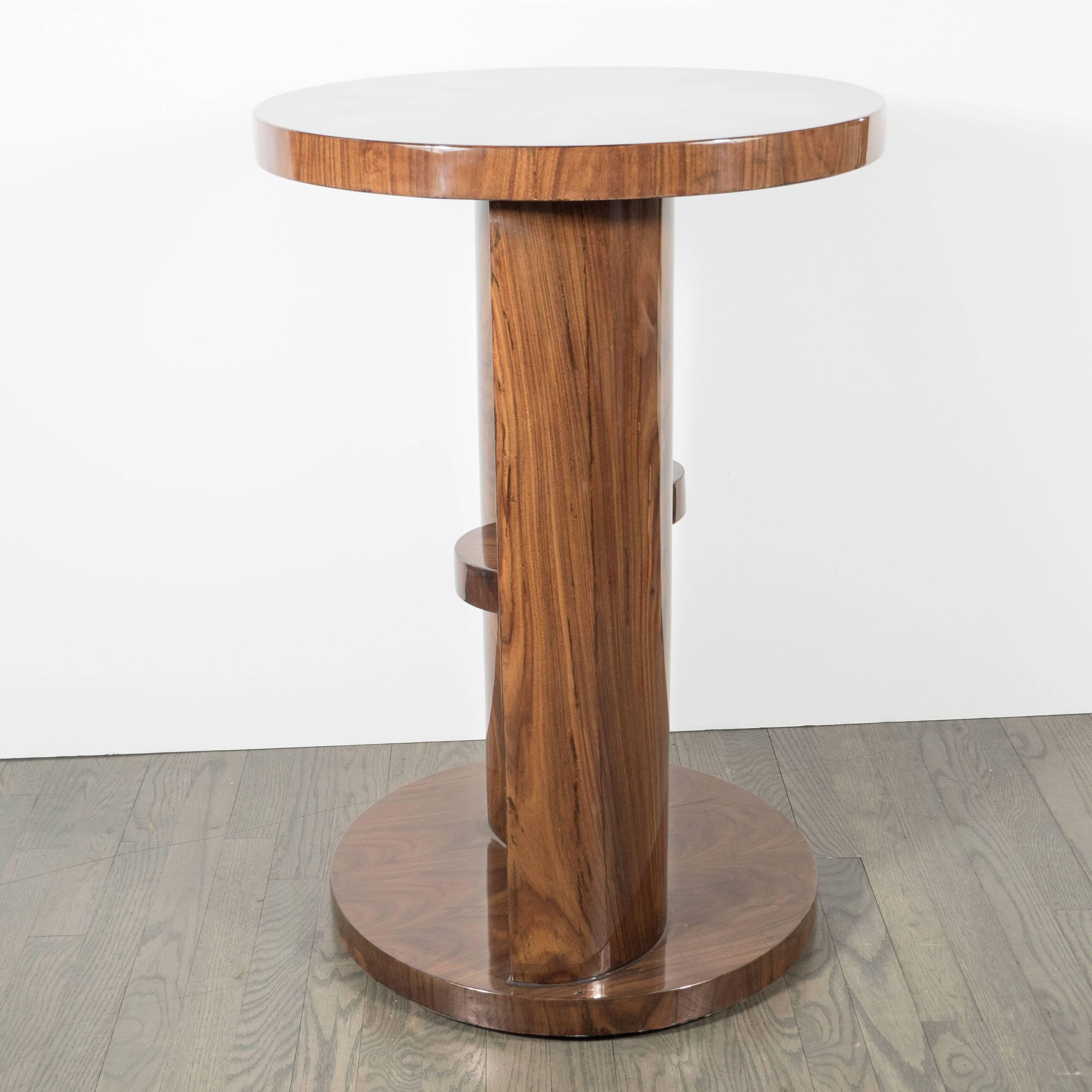 French Art Deco Inlaid Starburst Table/ Pedestal in Bookmatched Burled Walnut & Elm For Sale