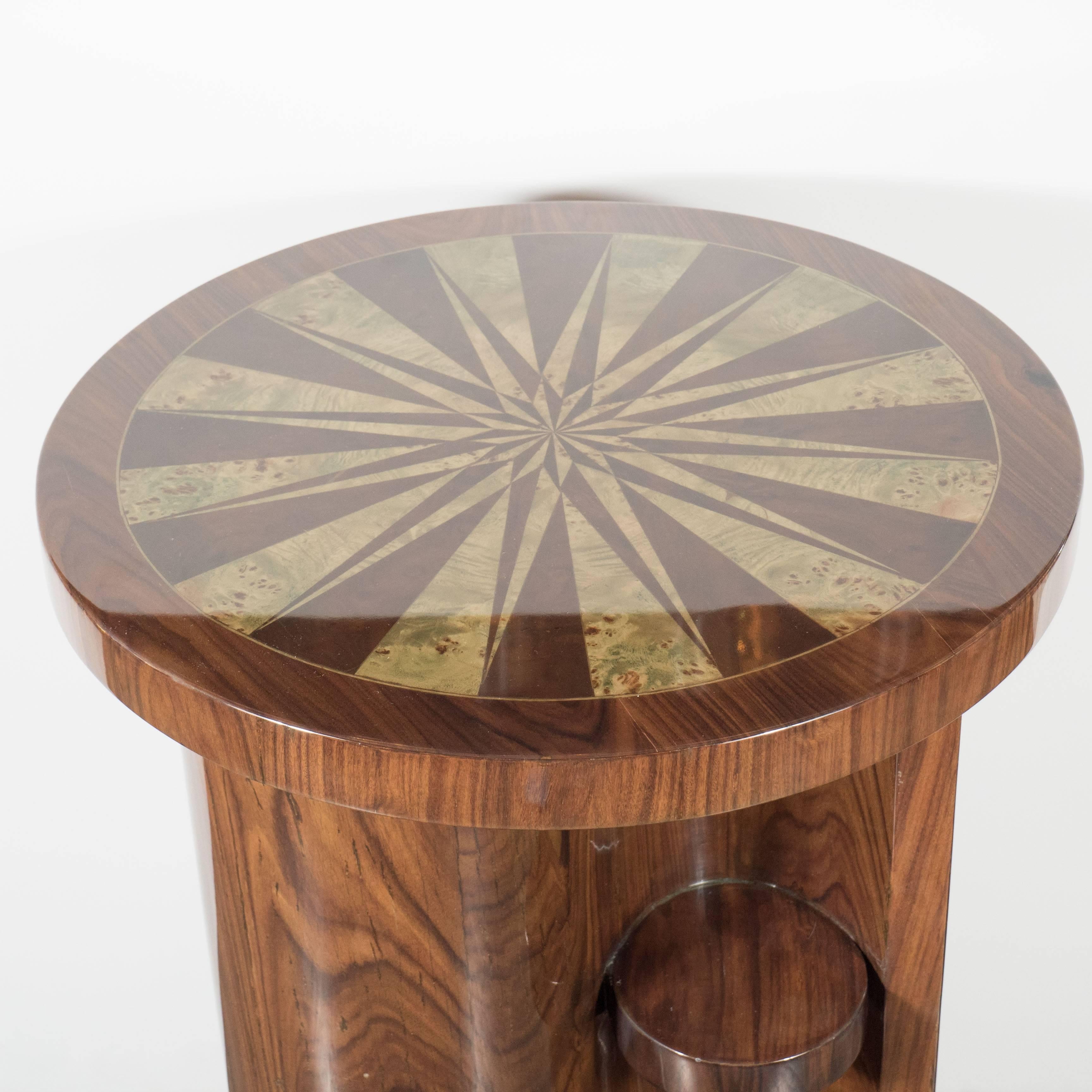 Art Deco Inlaid Starburst Table/ Pedestal in Bookmatched Burled Walnut & Elm For Sale 1