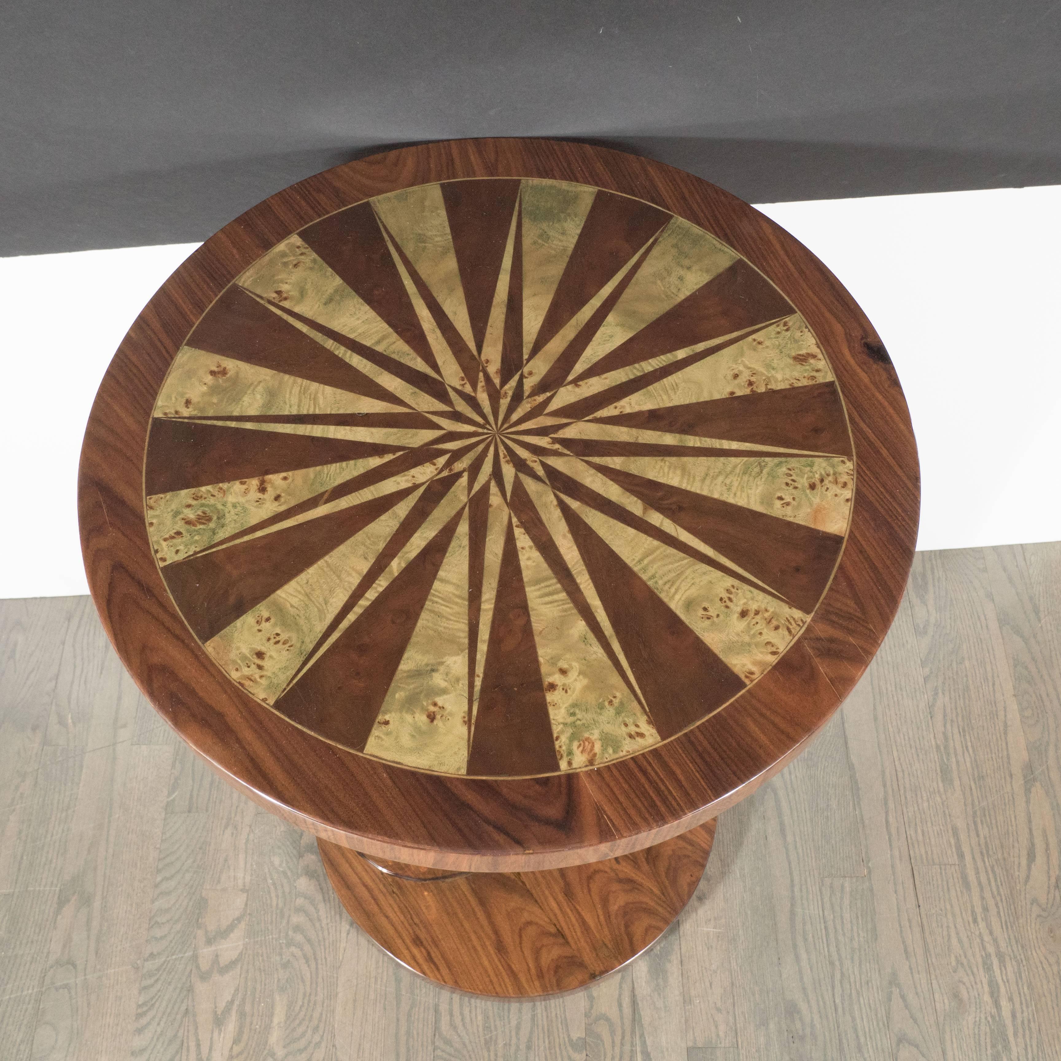 Art Deco Inlaid Starburst Table/ Pedestal in Bookmatched Burled Walnut & Elm For Sale 2