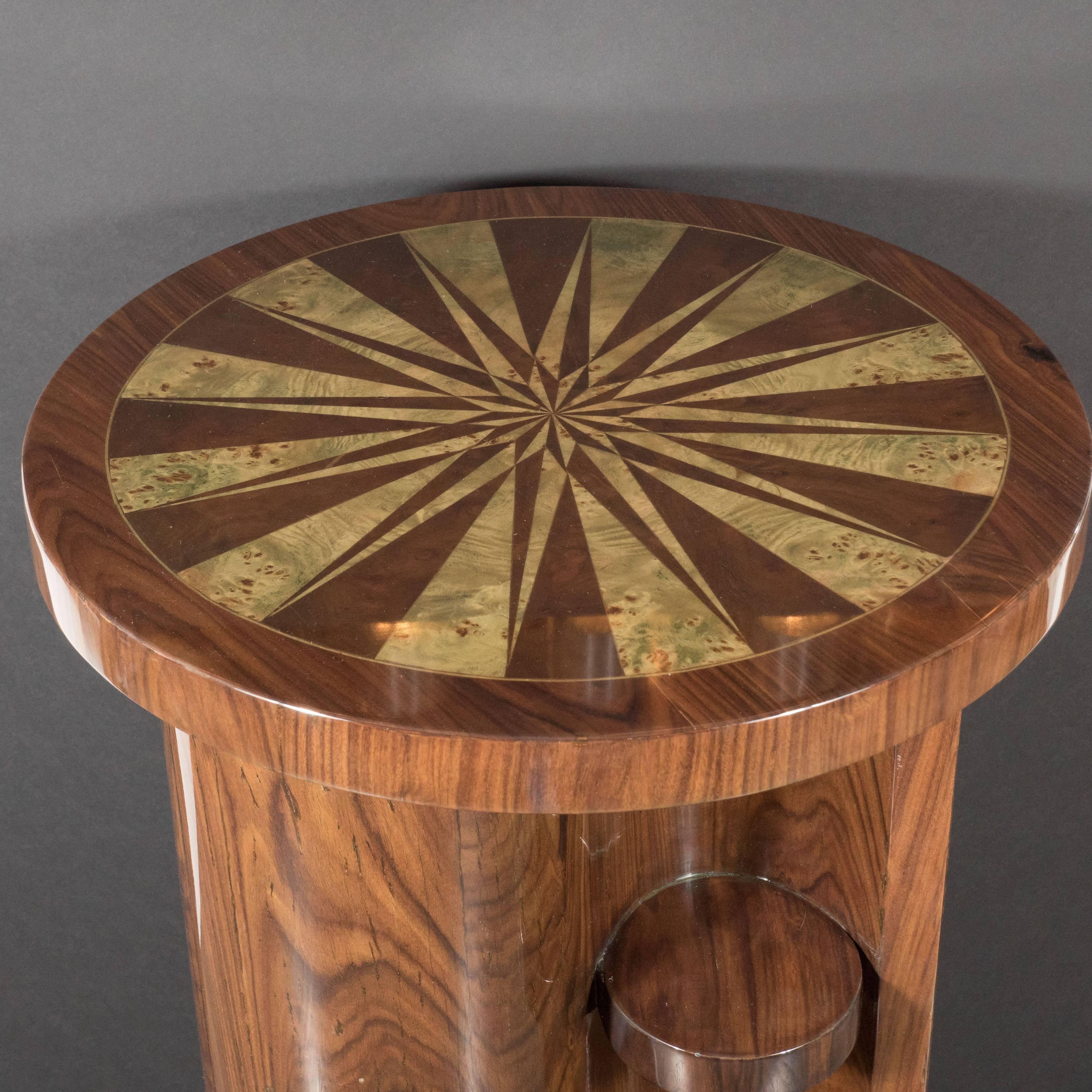 Art Deco Inlaid Starburst Table/ Pedestal in Bookmatched Burled Walnut & Elm For Sale 3