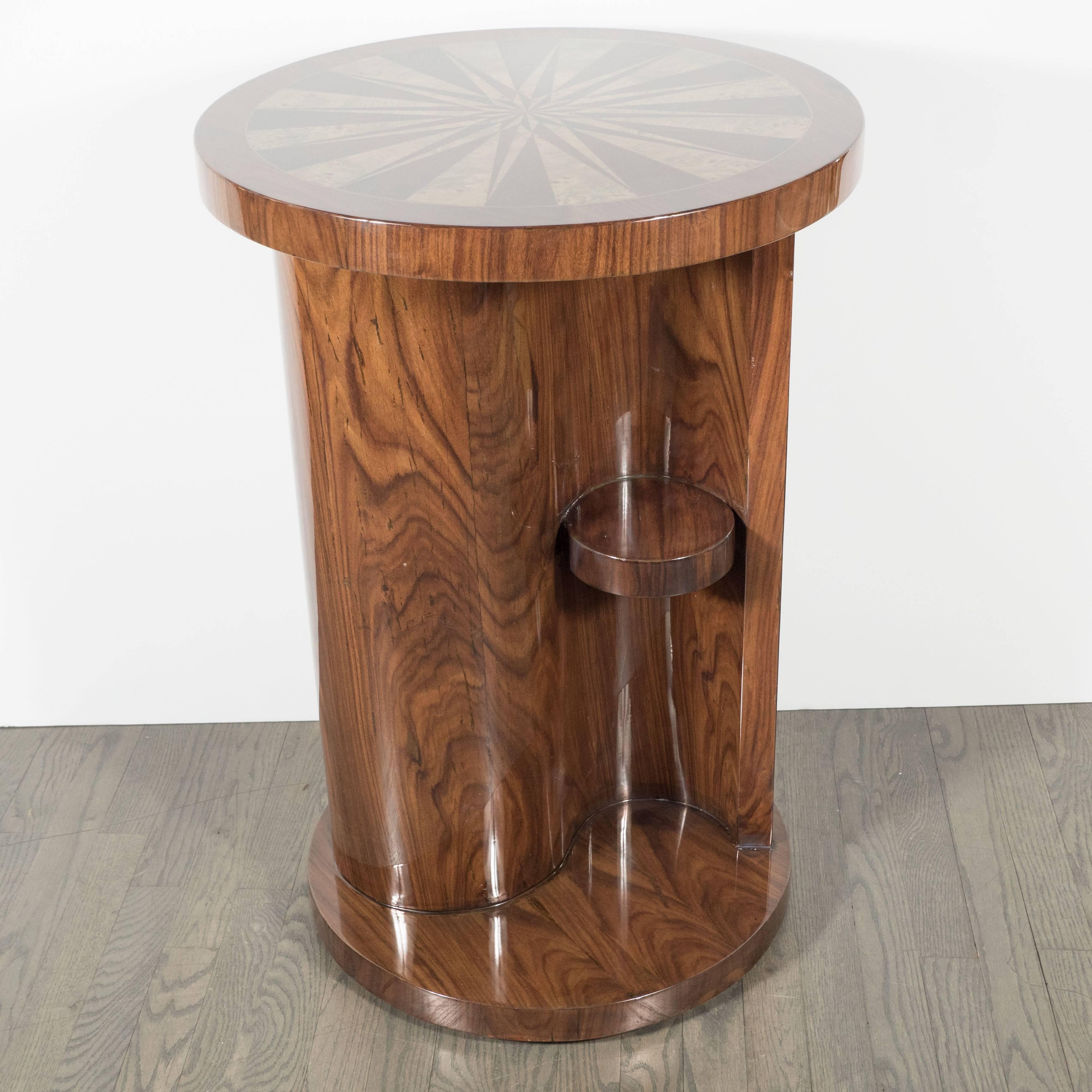 Art Deco Inlaid Starburst Table/ Pedestal in Bookmatched Burled Walnut & Elm For Sale 4
