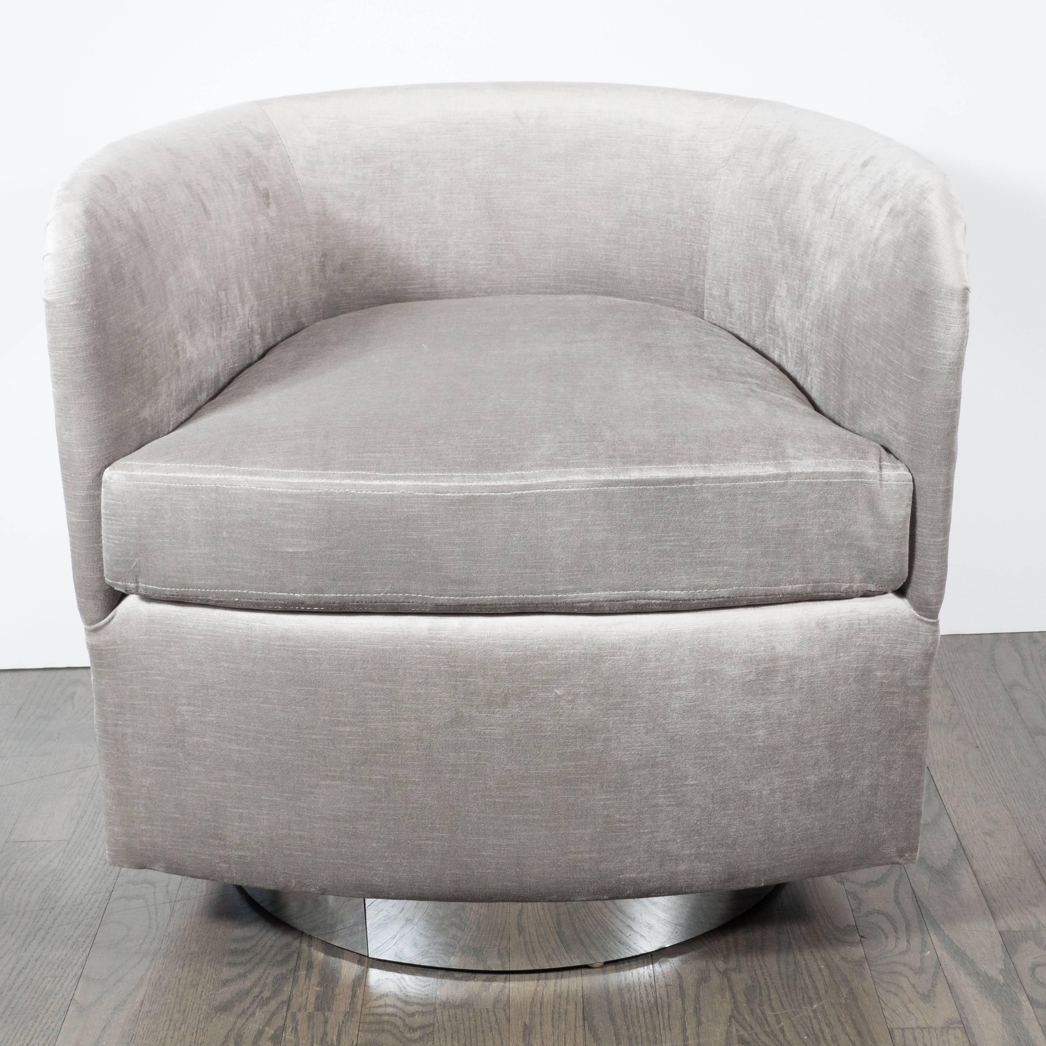 Late 20th Century Pair of Milo Baughman Chrome-Back Tilt and Swivel Chairs in Platinum Grey Velvet