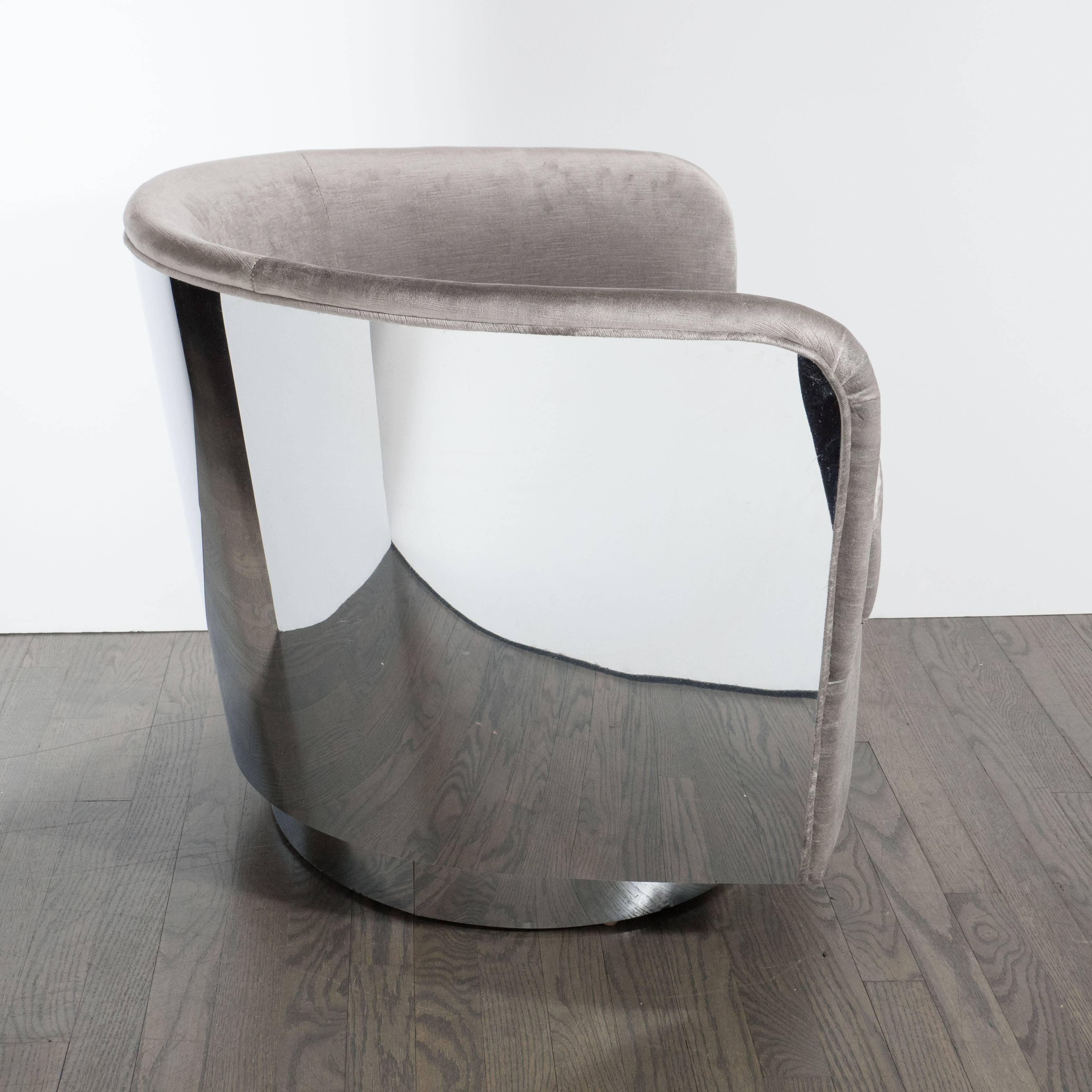 American Pair of Milo Baughman Chrome-Back Tilt and Swivel Chairs in Platinum Grey Velvet