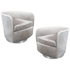 Pair of Milo Baughman Chrome-Back Tilt and Swivel Chairs in Platinum Grey Velvet