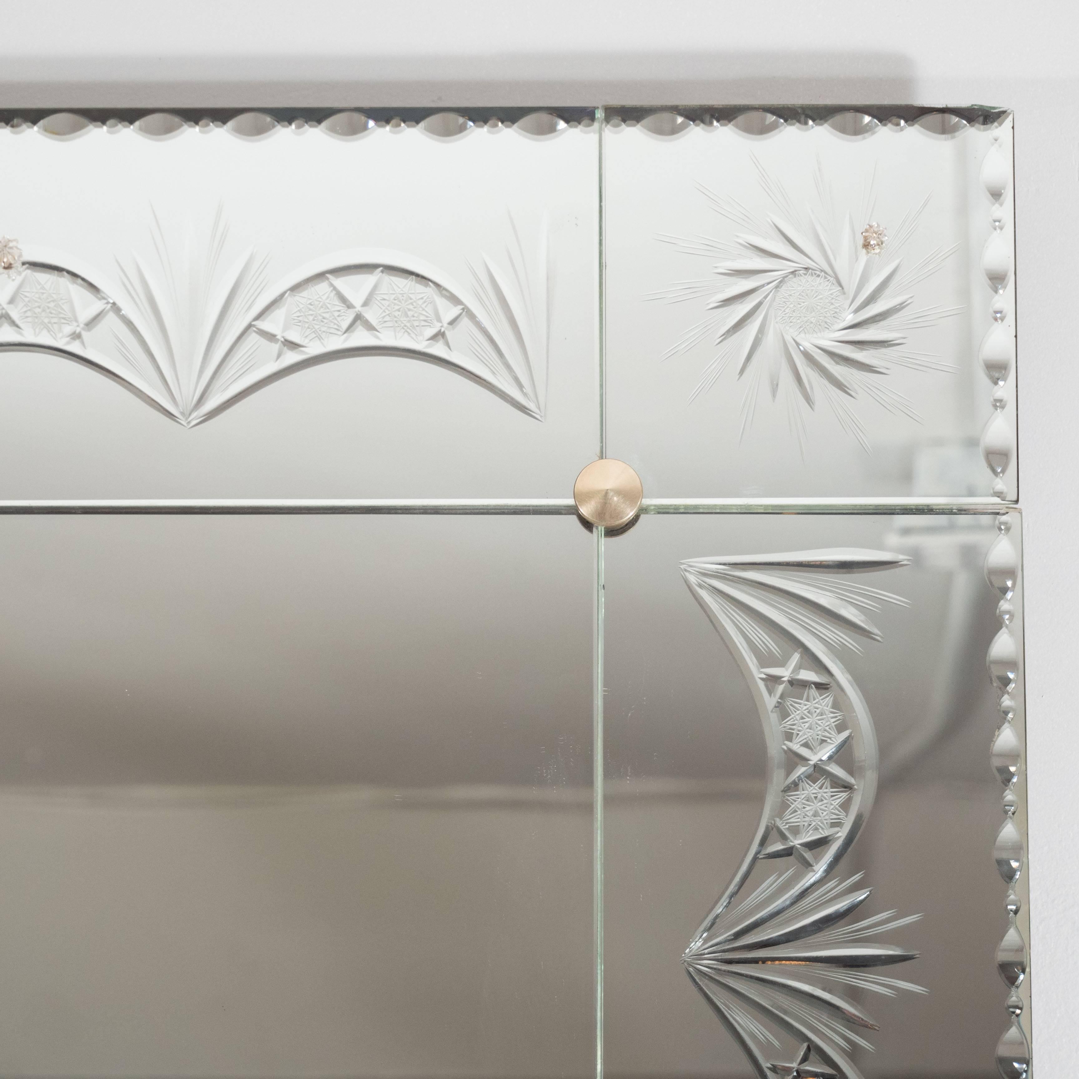 1940s Venetian Mirror with Reverse Etched and Chain Beveled Detailing In Excellent Condition In New York, NY