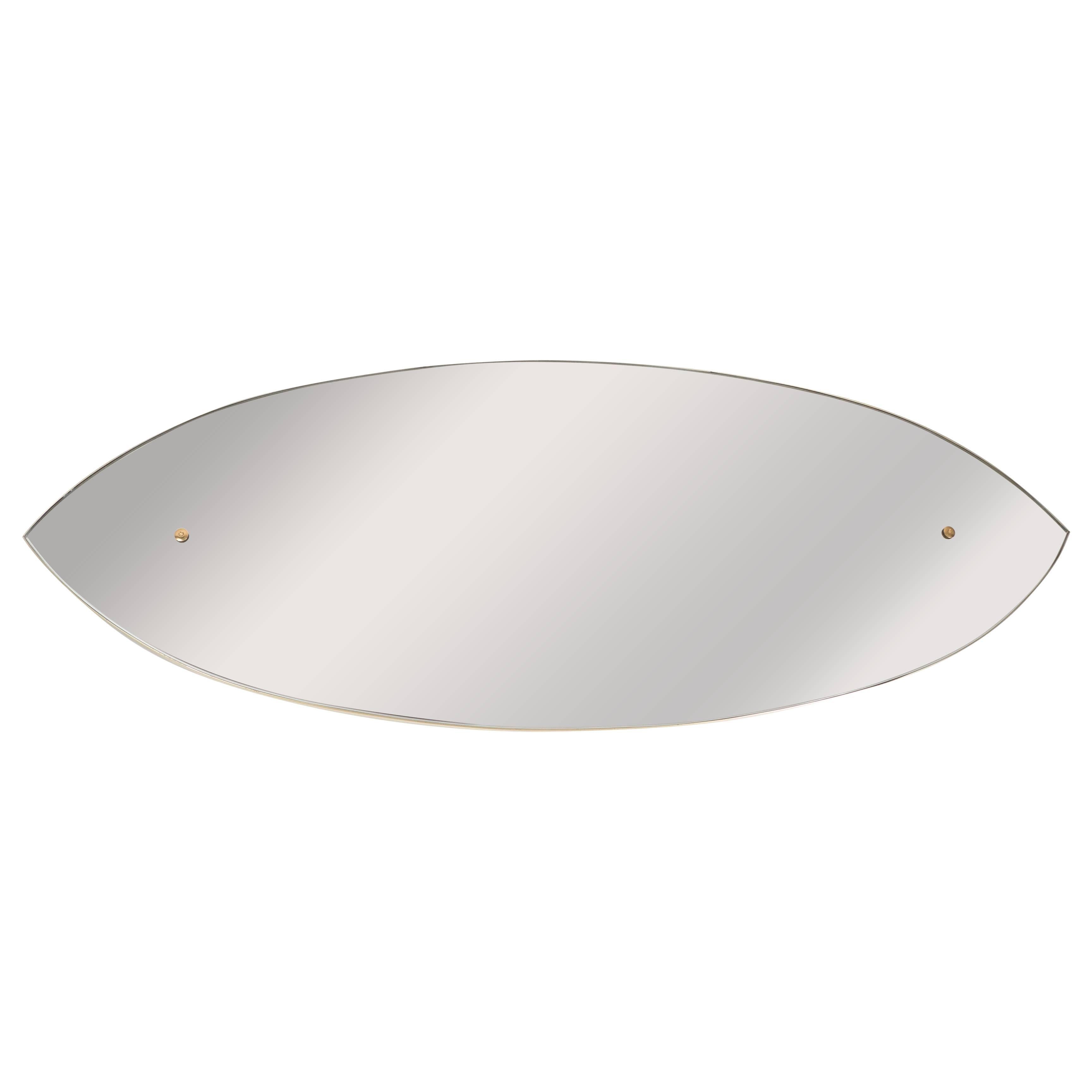 Mid-Century Modernist Ovoid Elliptical Mirror with Brass Trim and Detailing