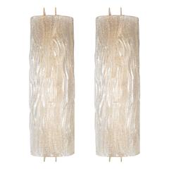 Monumental Pair of Textured and Gold Flecked Glass Sconces with Bronze Fittings