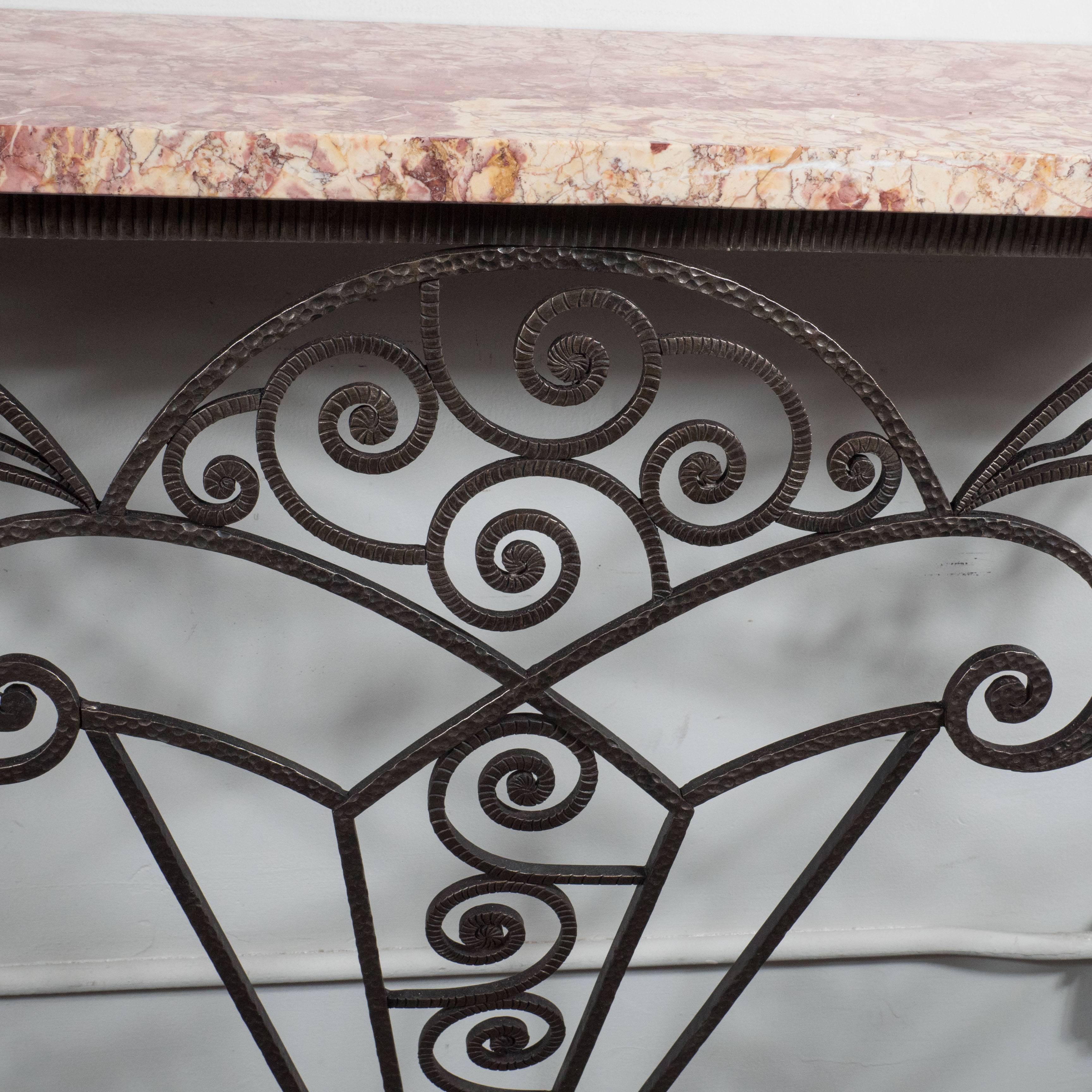 Mid-20th Century Art Deco Wrought Iron and Marble Console Table in the Manner of Edgar Brandt