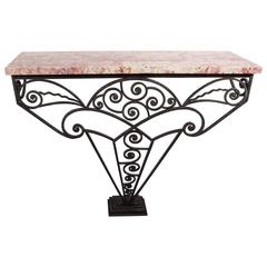 Vintage Art Deco Wrought Iron and Marble Console Table in the Manner of Edgar Brandt