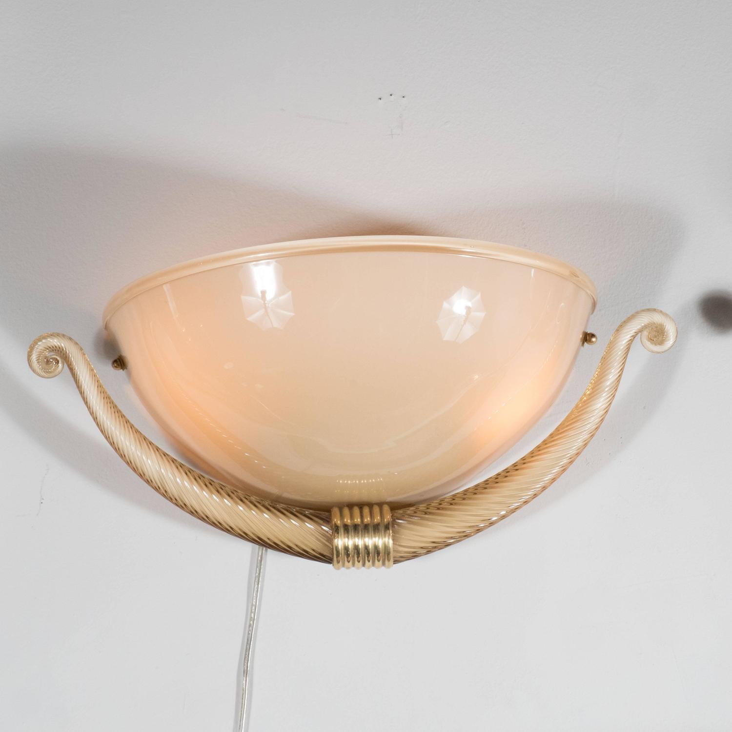 Elegant Pair of Seguso Murano Half-Dome Sconces in Golden Taupe Glass and Brass at 1stdibs