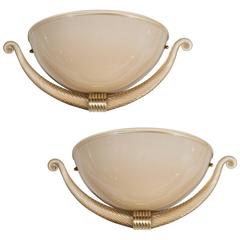 Elegant Pair of Seguso Murano Half-Dome Sconces in Golden Taupe Glass and Brass