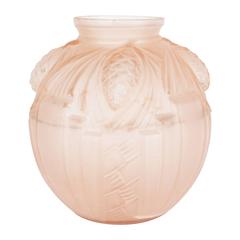 Art Deco Frosted Glass Vase in Pale Rose with Skyscraper Detailing