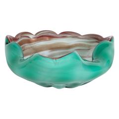 Mid-Century Organic Scalloped Emerald and Rose Gold Handblown Murano Bowl
