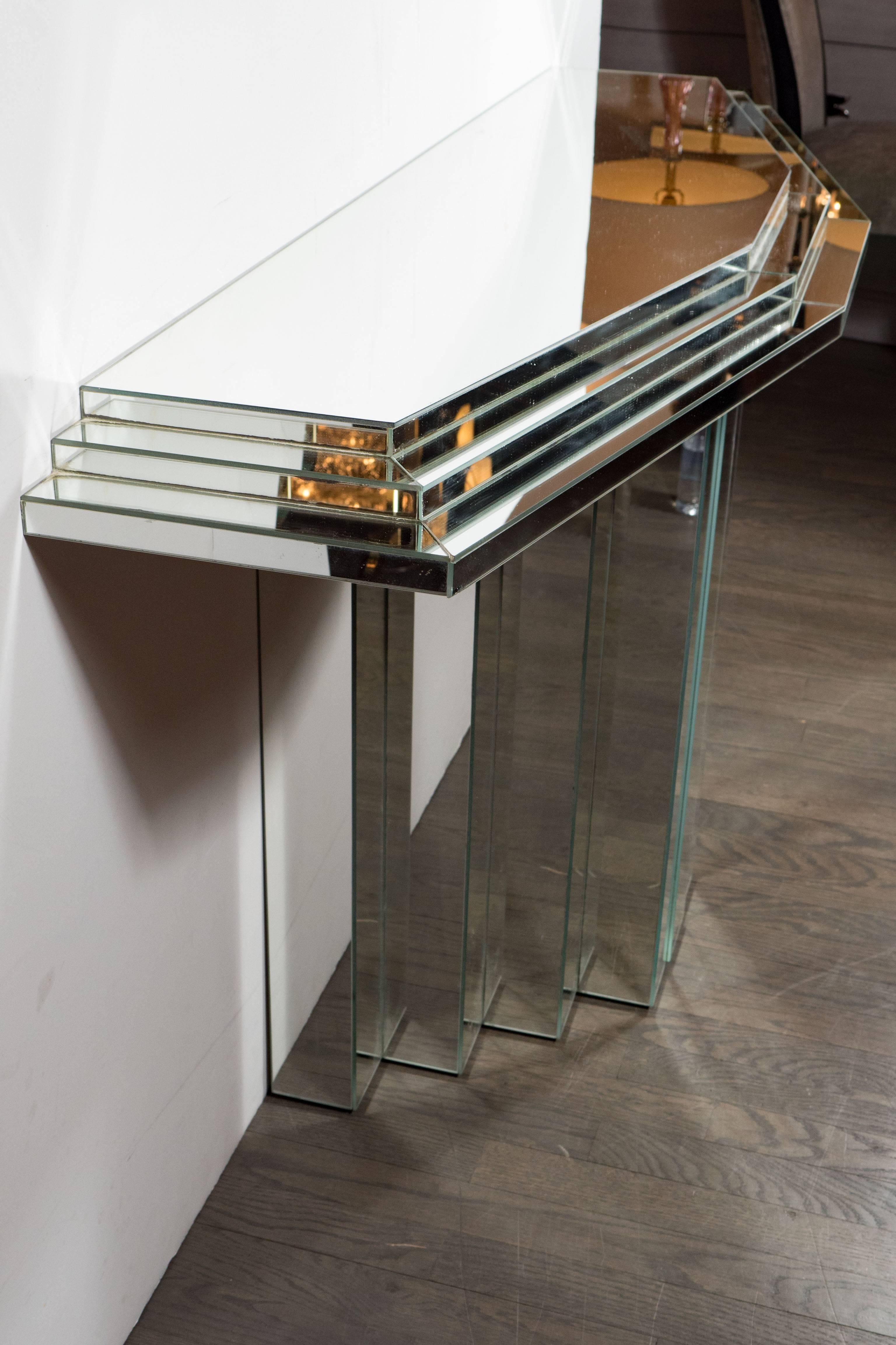 American Mid-Century Modernist Skyscraper Style Mirrored Console Table