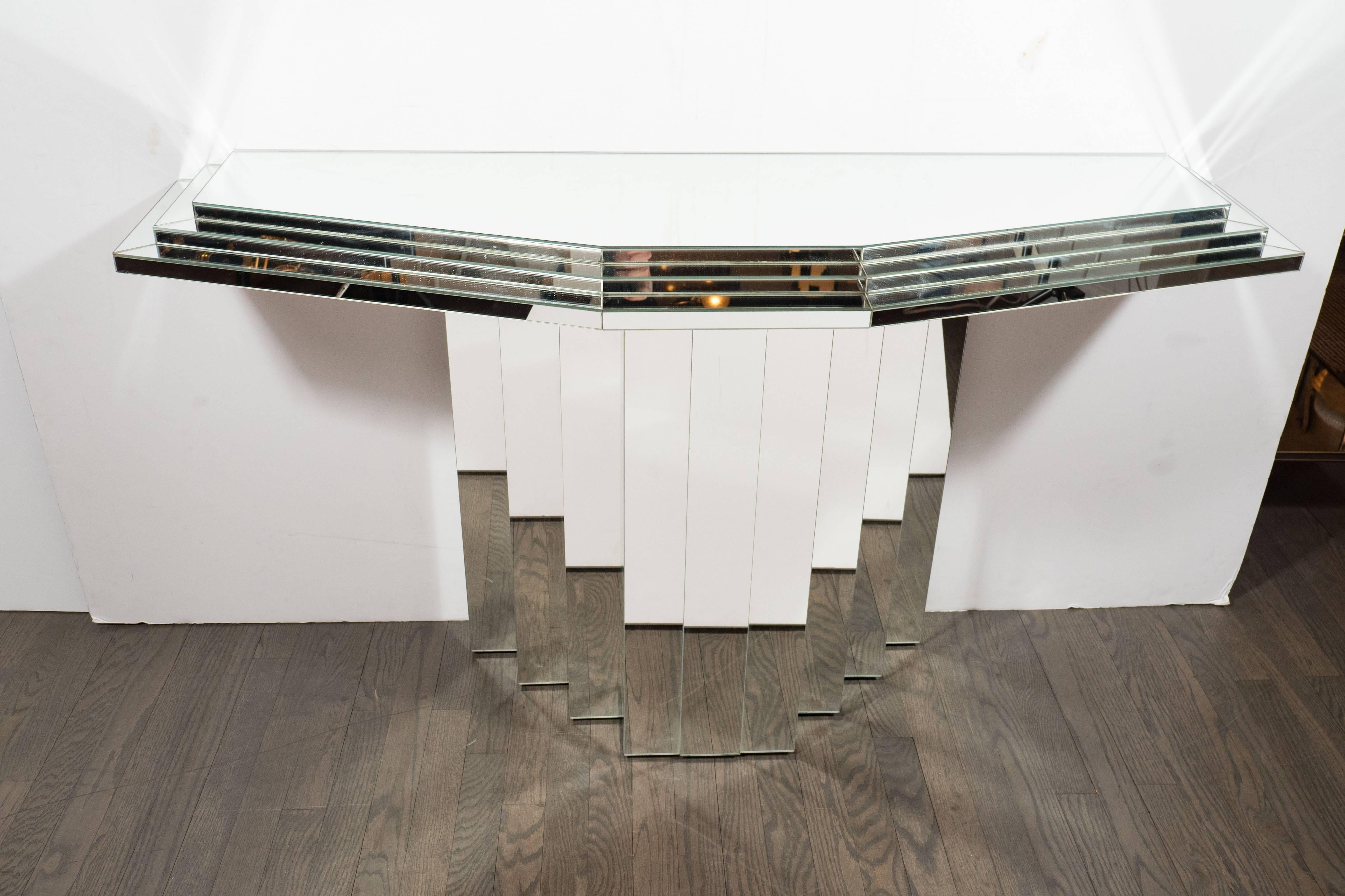Mid-Century Modernist Skyscraper Style Mirrored Console Table In Excellent Condition In New York, NY
