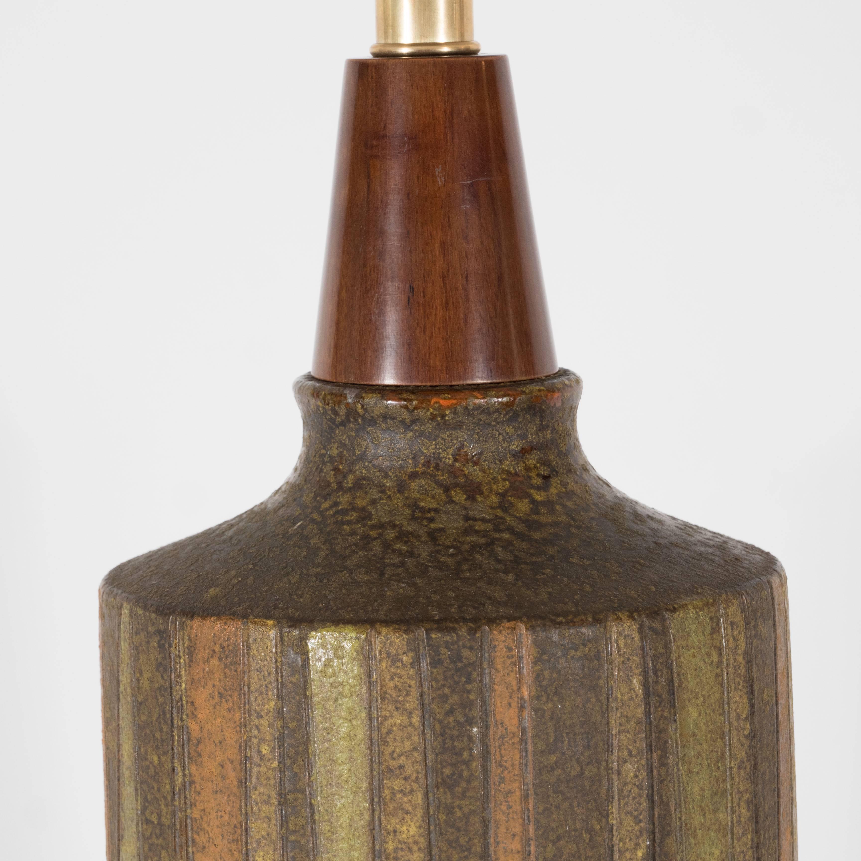 American Mid-Century Organic Modern Ceramic & Walnut Table Lamp in Earth Tones by Bitossi For Sale