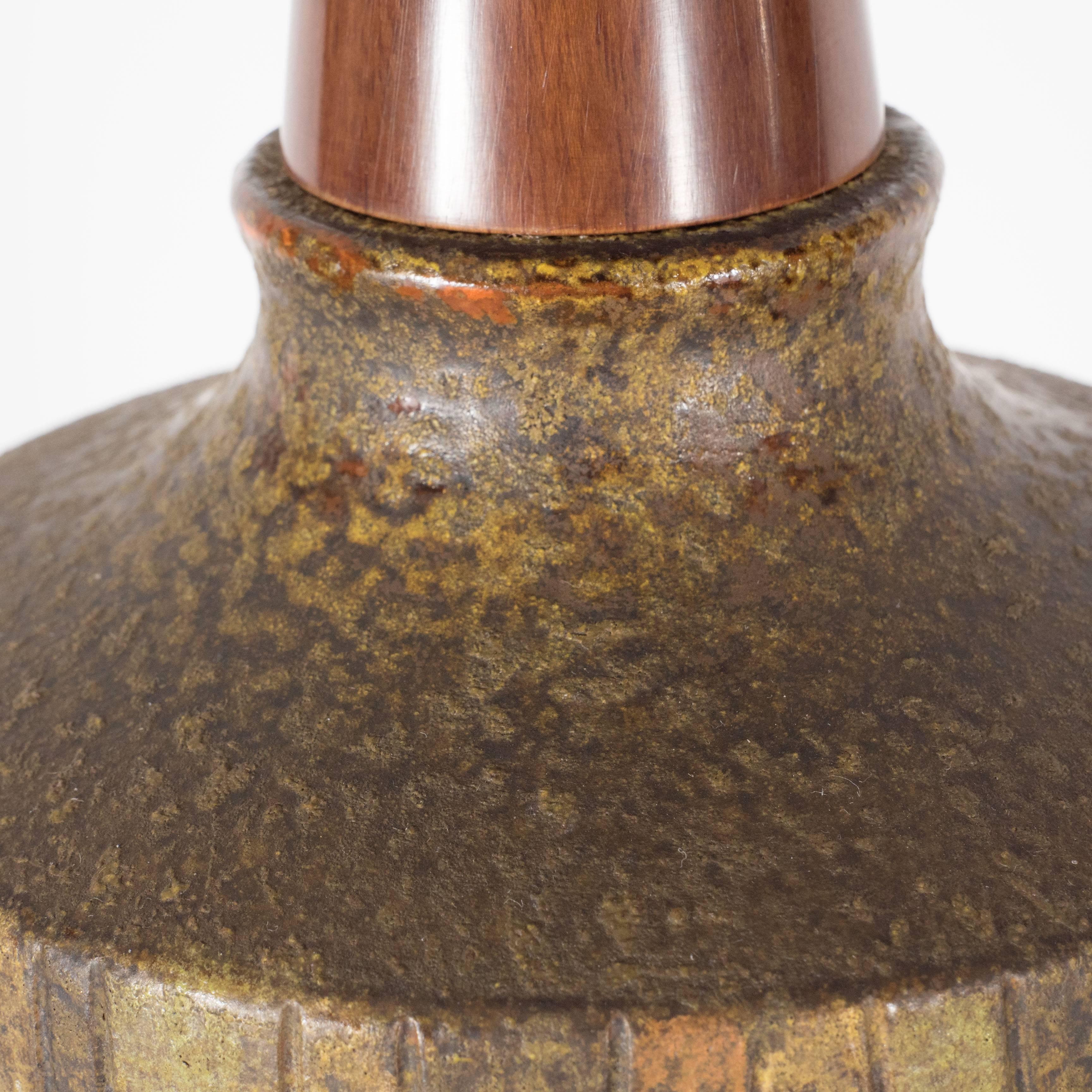 Brass Mid-Century Organic Modern Ceramic & Walnut Table Lamp in Earth Tones by Bitossi For Sale