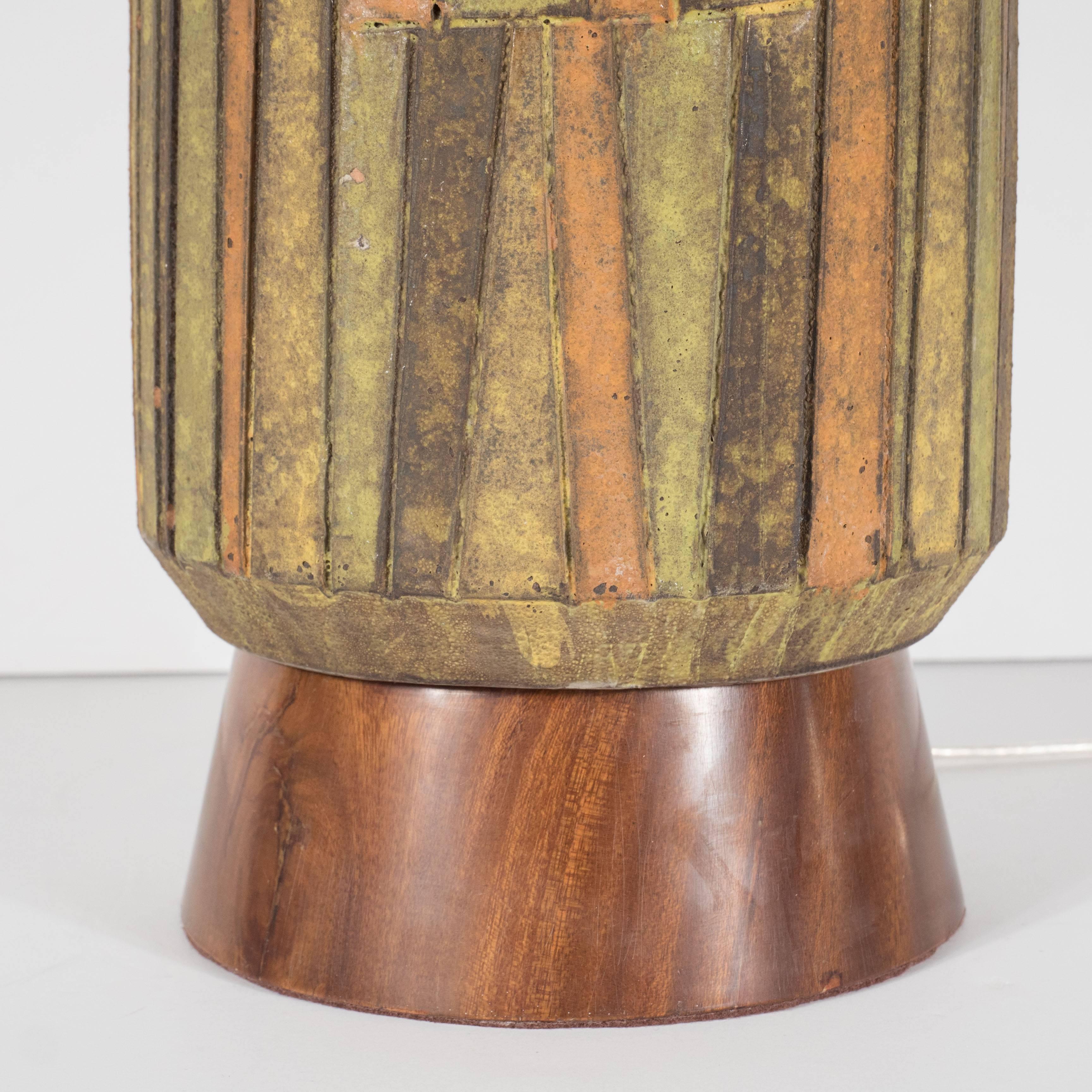 Mid-Century Organic Modern Ceramic & Walnut Table Lamp in Earth Tones by Bitossi For Sale 1