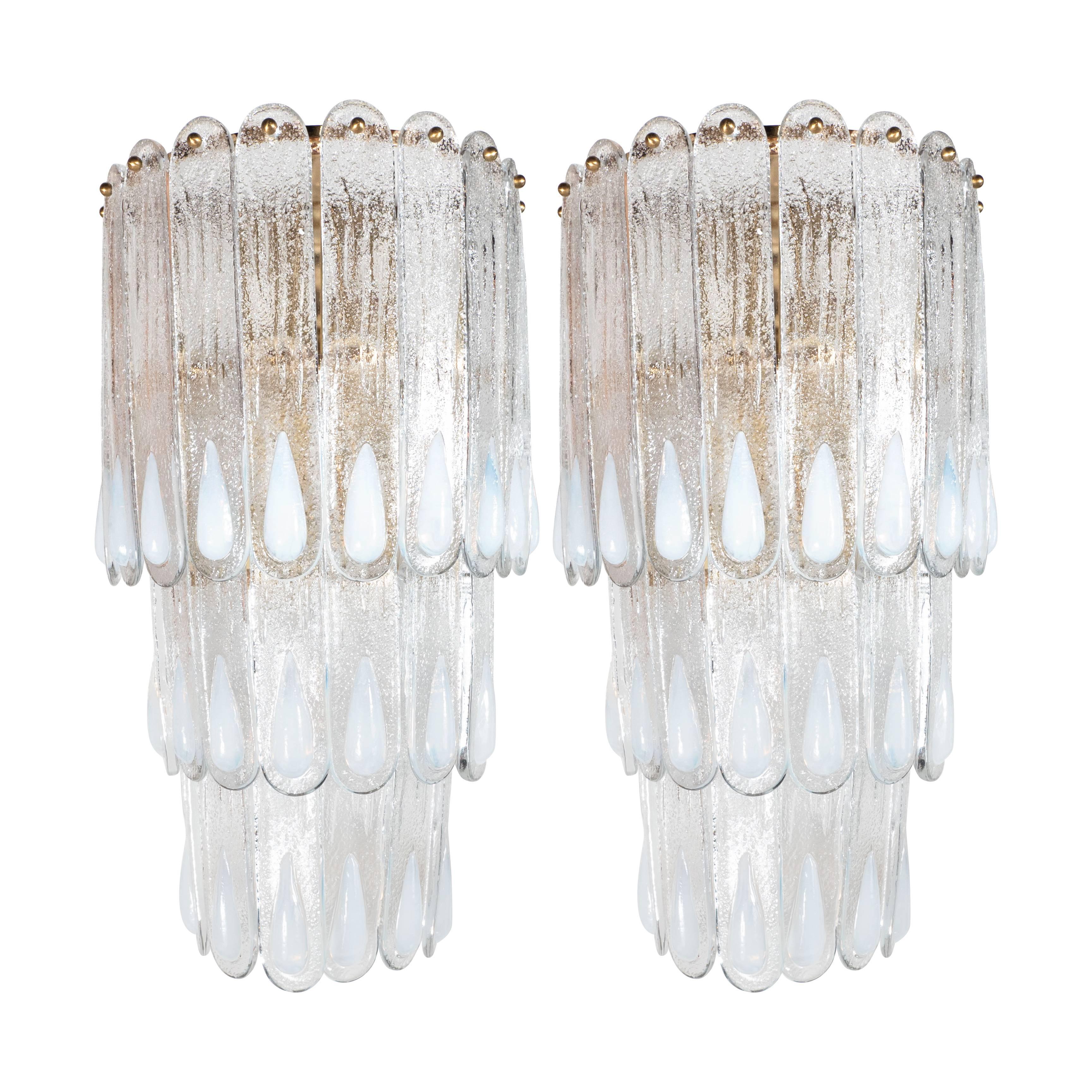 Midcentury Textured Clear and Iridescent Glass "Peacock" Sconce Pair by Mazzega﻿