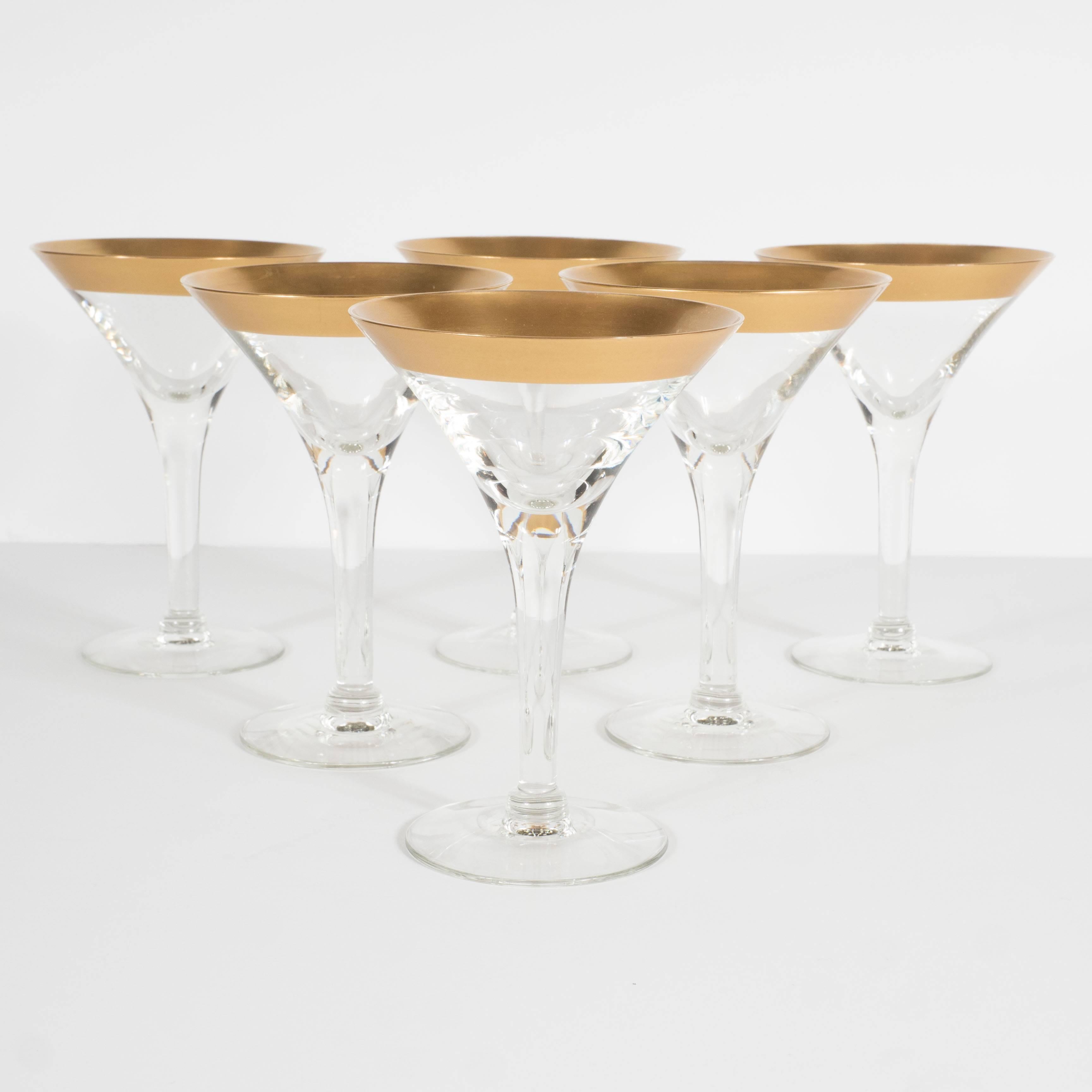 Rare Set of Eight Gold Rimmed Handblown Martini Glasses by Dorothy Thorpe In Excellent Condition In New York, NY