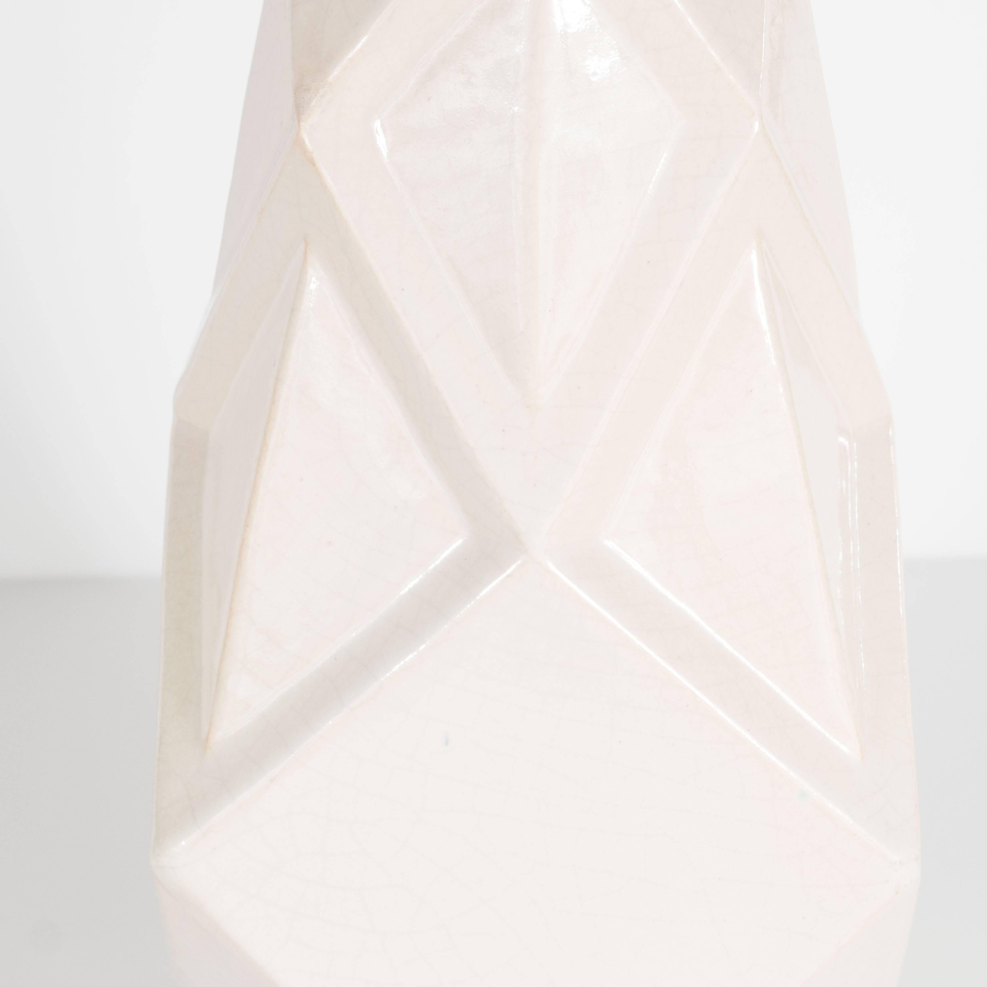 French Art Deco Cubist Style Crackle Crème Ceramic Vase by Henri Delcourt Boulogne