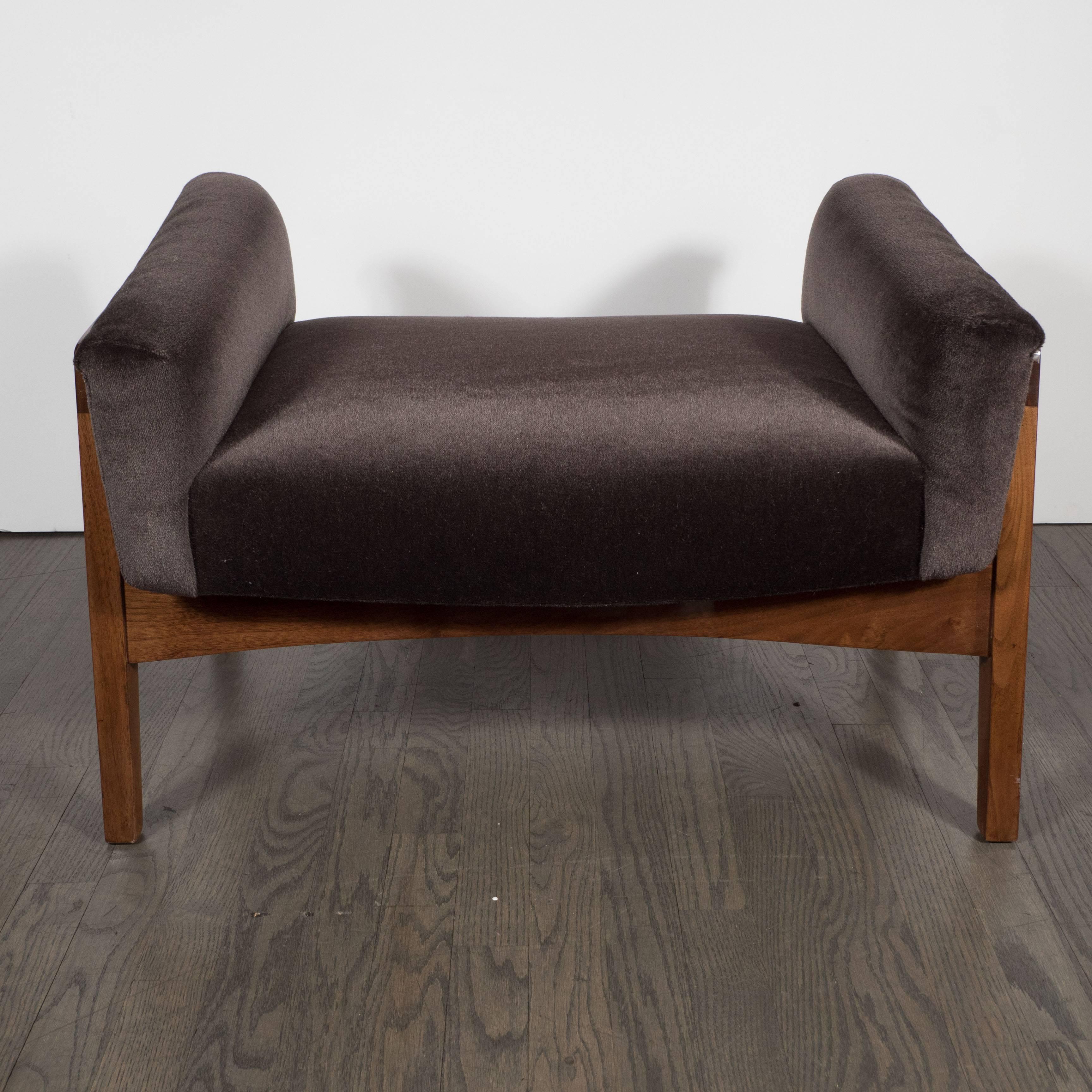 American Mid-Century Bench /Foot Stool in Chocolate Mohair and Hand-Rubbed Walnut