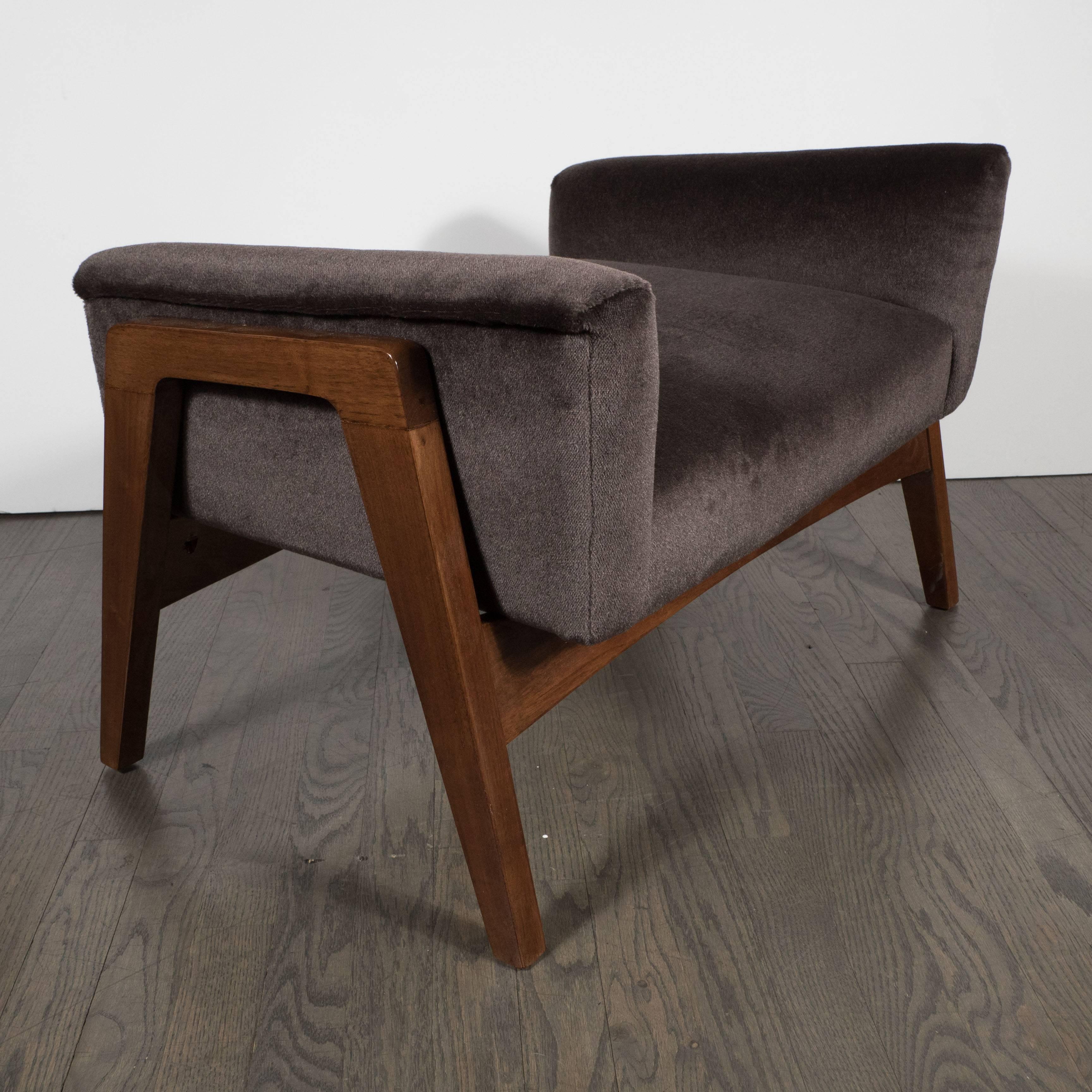 Mid-20th Century Mid-Century Bench /Foot Stool in Chocolate Mohair and Hand-Rubbed Walnut