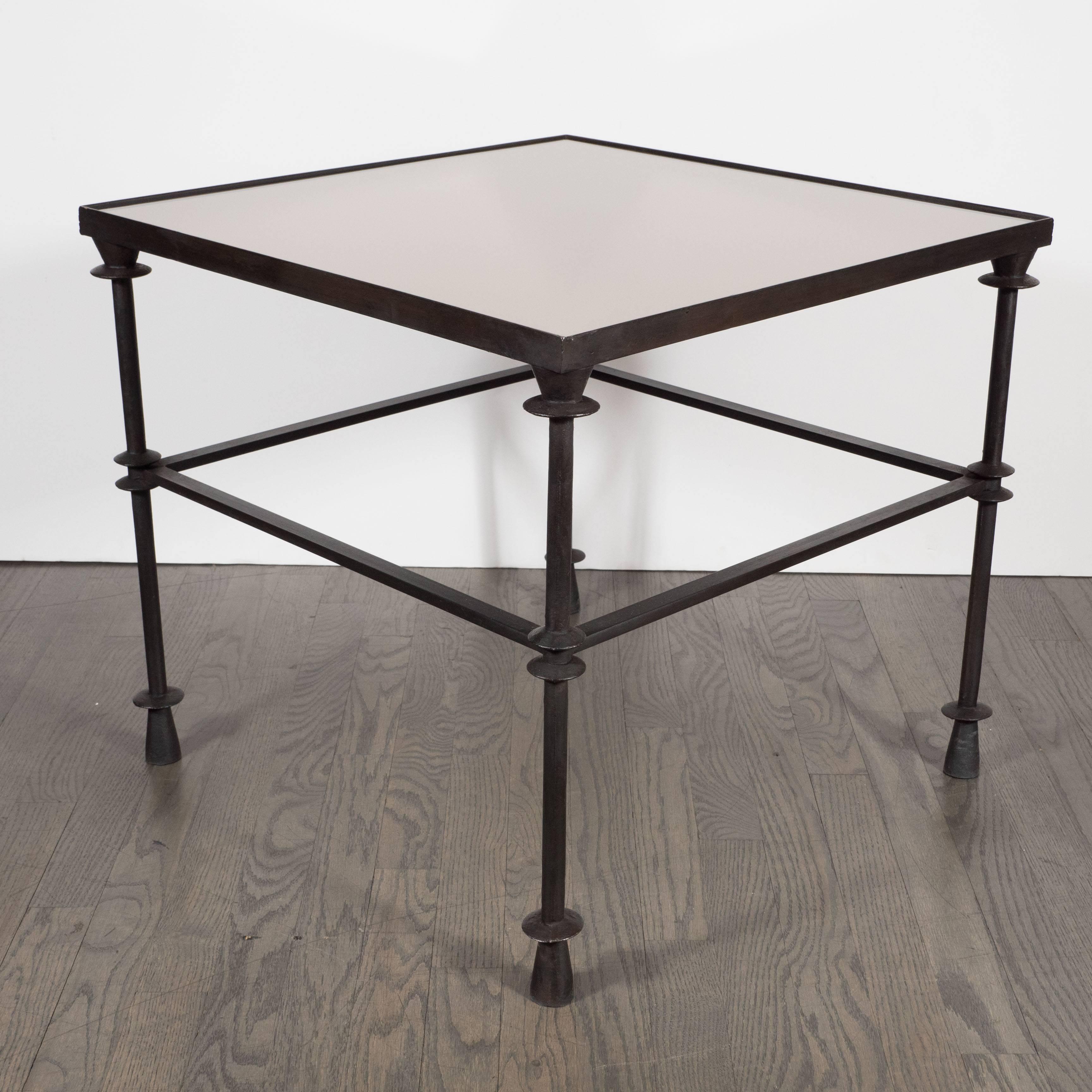 Mid-Century Modern Iron Cocktail Table with Inset Bronze Mirror in the Style of Giacometti