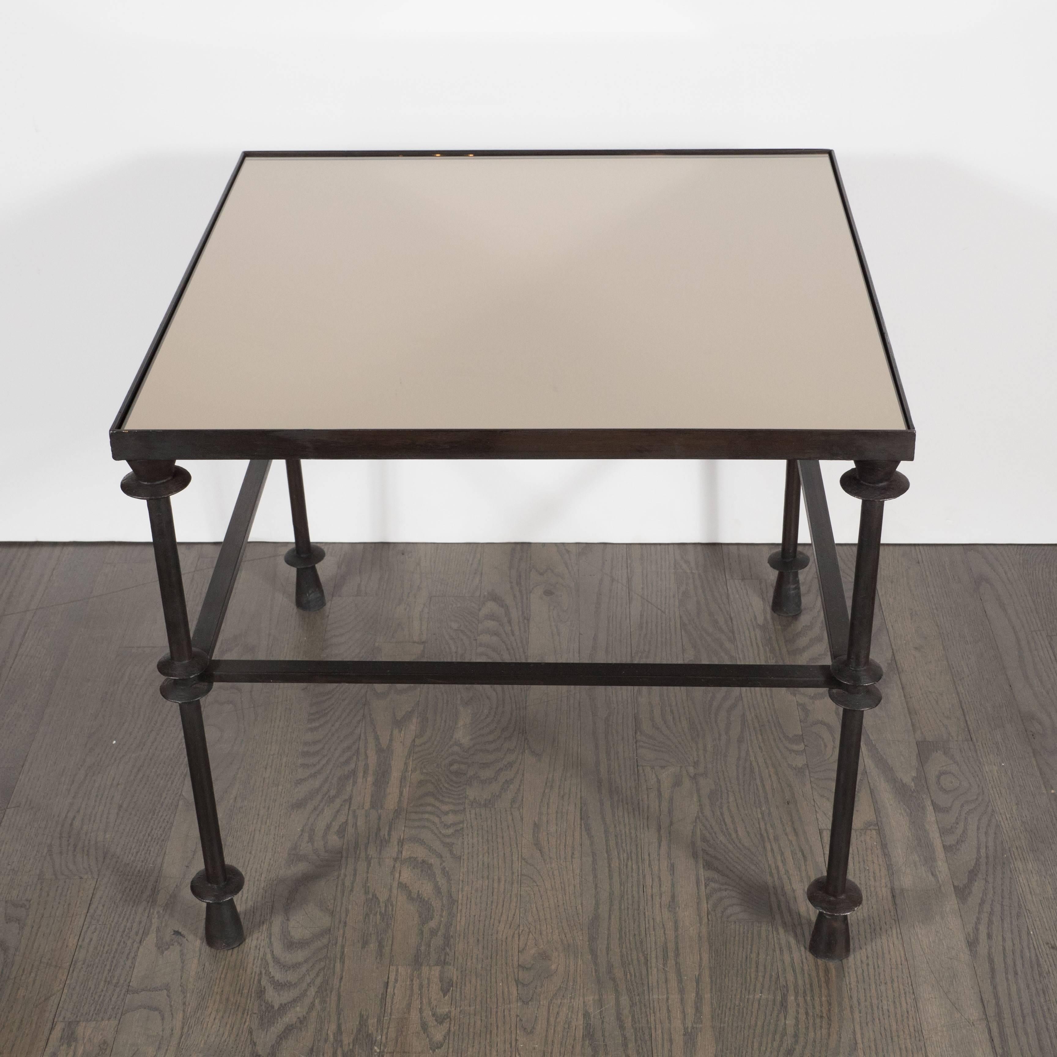 Mid-20th Century Iron Cocktail Table with Inset Bronze Mirror in the Style of Giacometti