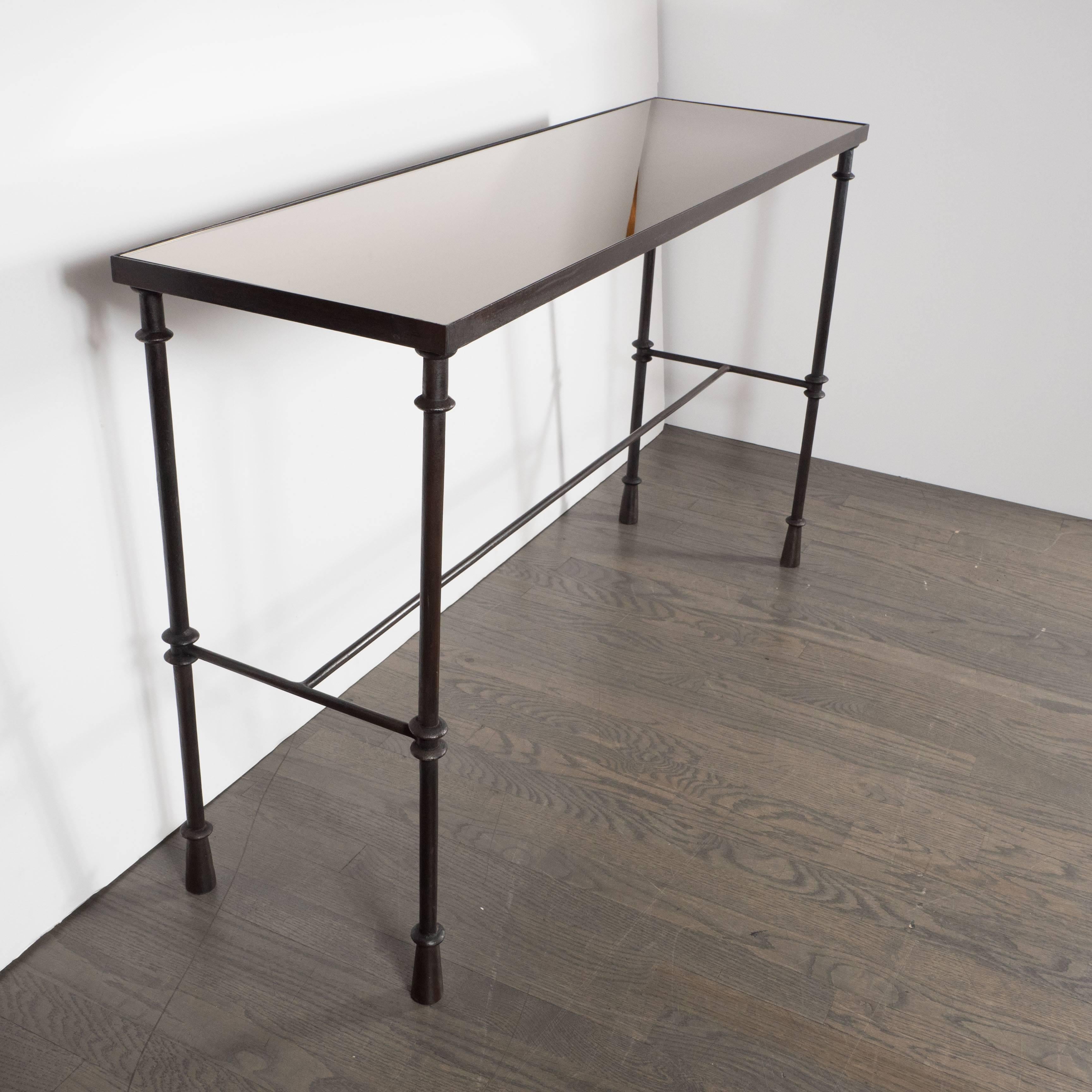 Mid-Century Modern Mid-Century Iron Console with Inset Bronze Mirror in the Style of Giacometti