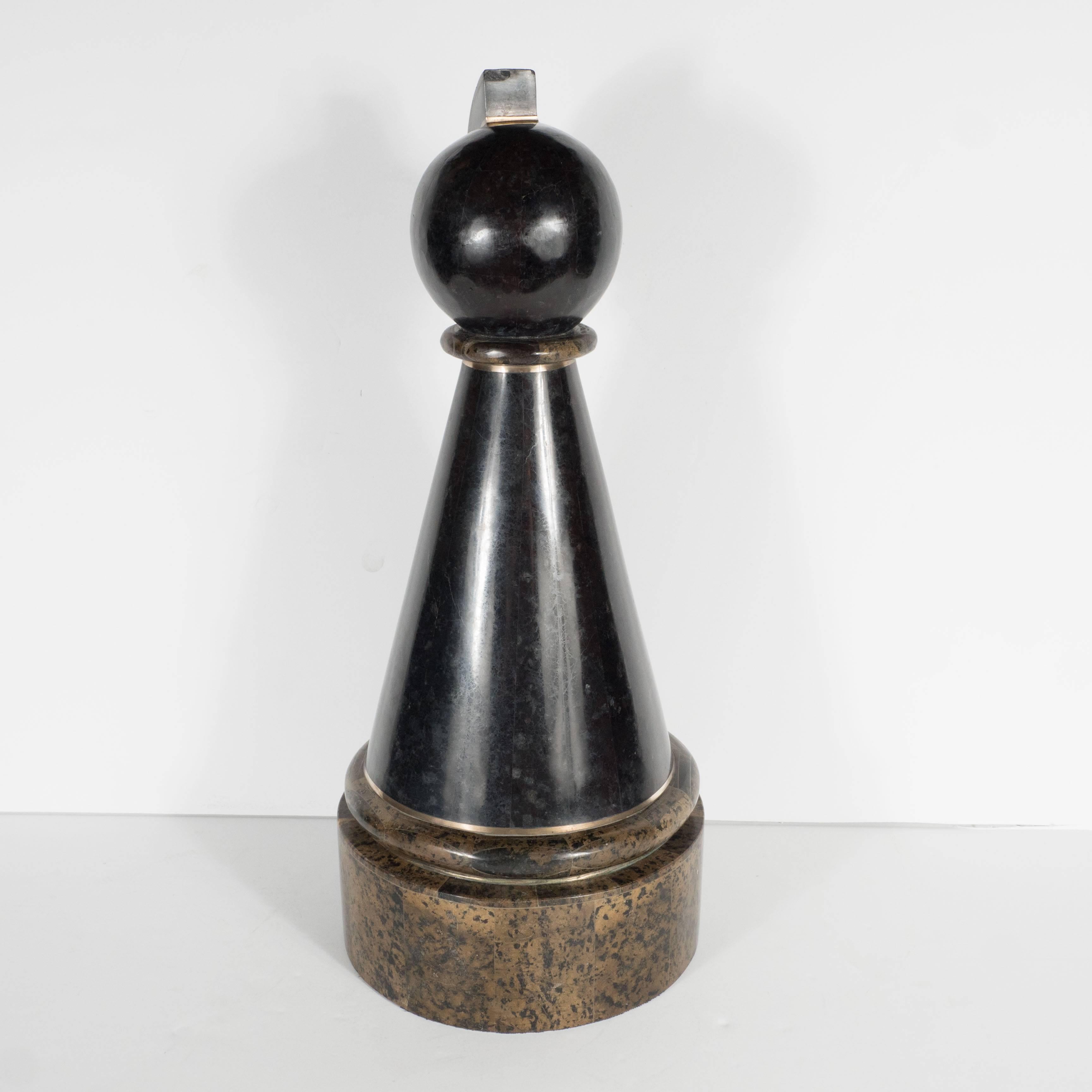 Late 20th Century Mid-Century Tesselated Chess Pawn Piece with Brass Inlay by Maitland-Smith