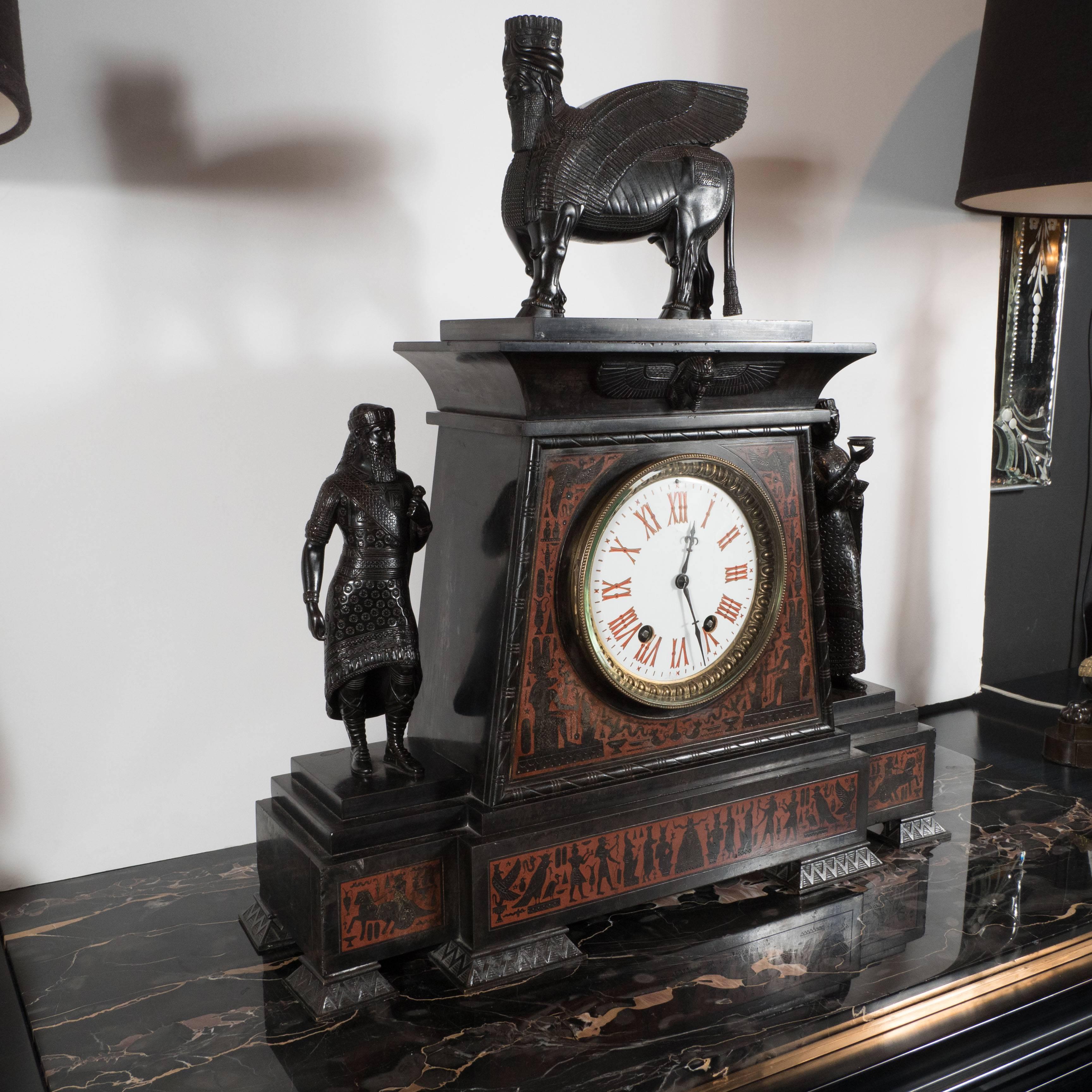 Magnificent Bronze-Mounted and Marble Mantel Clock in the Assyrian Revival Style 1
