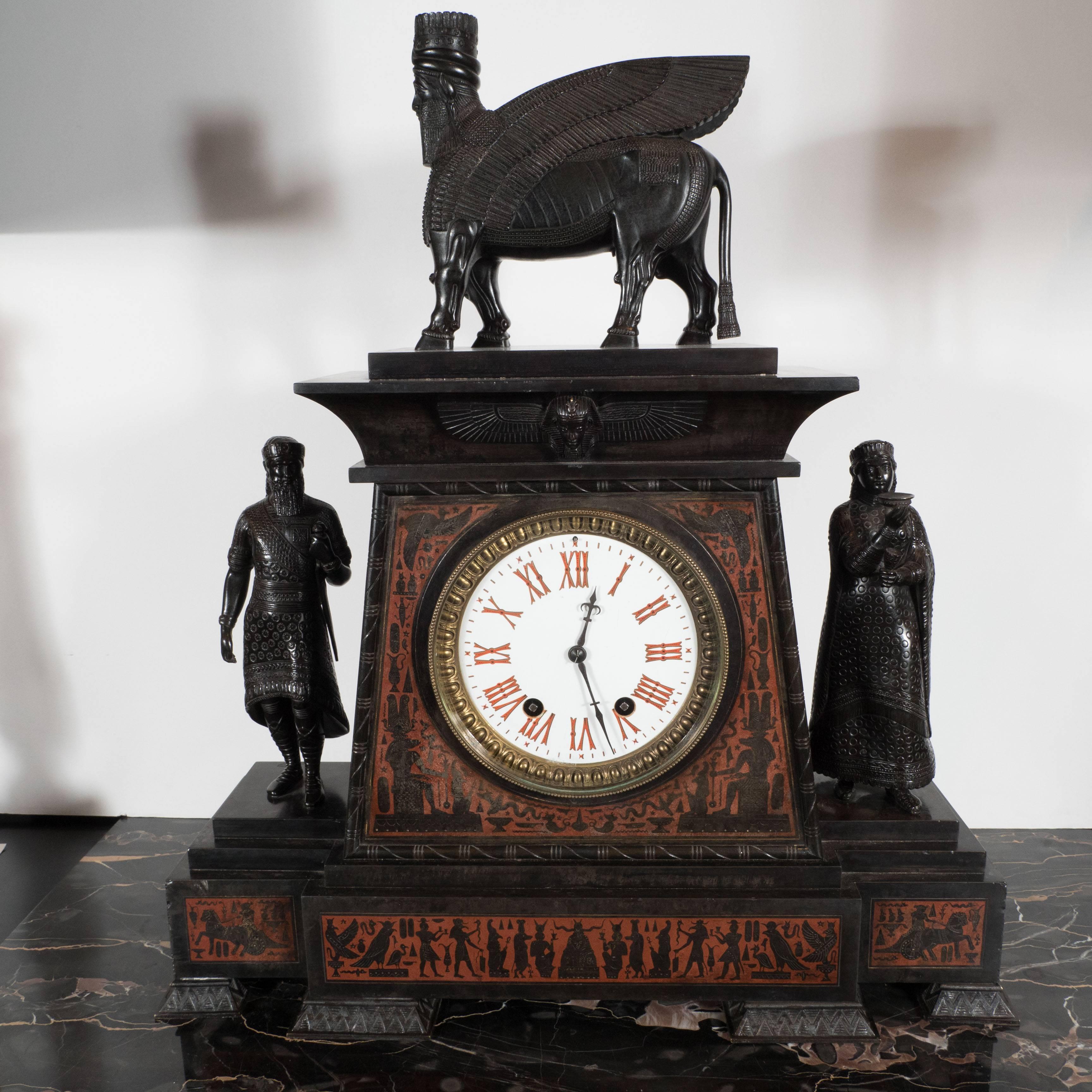 Magnificent Bronze-Mounted and Marble Mantel Clock in the Assyrian Revival Style 4