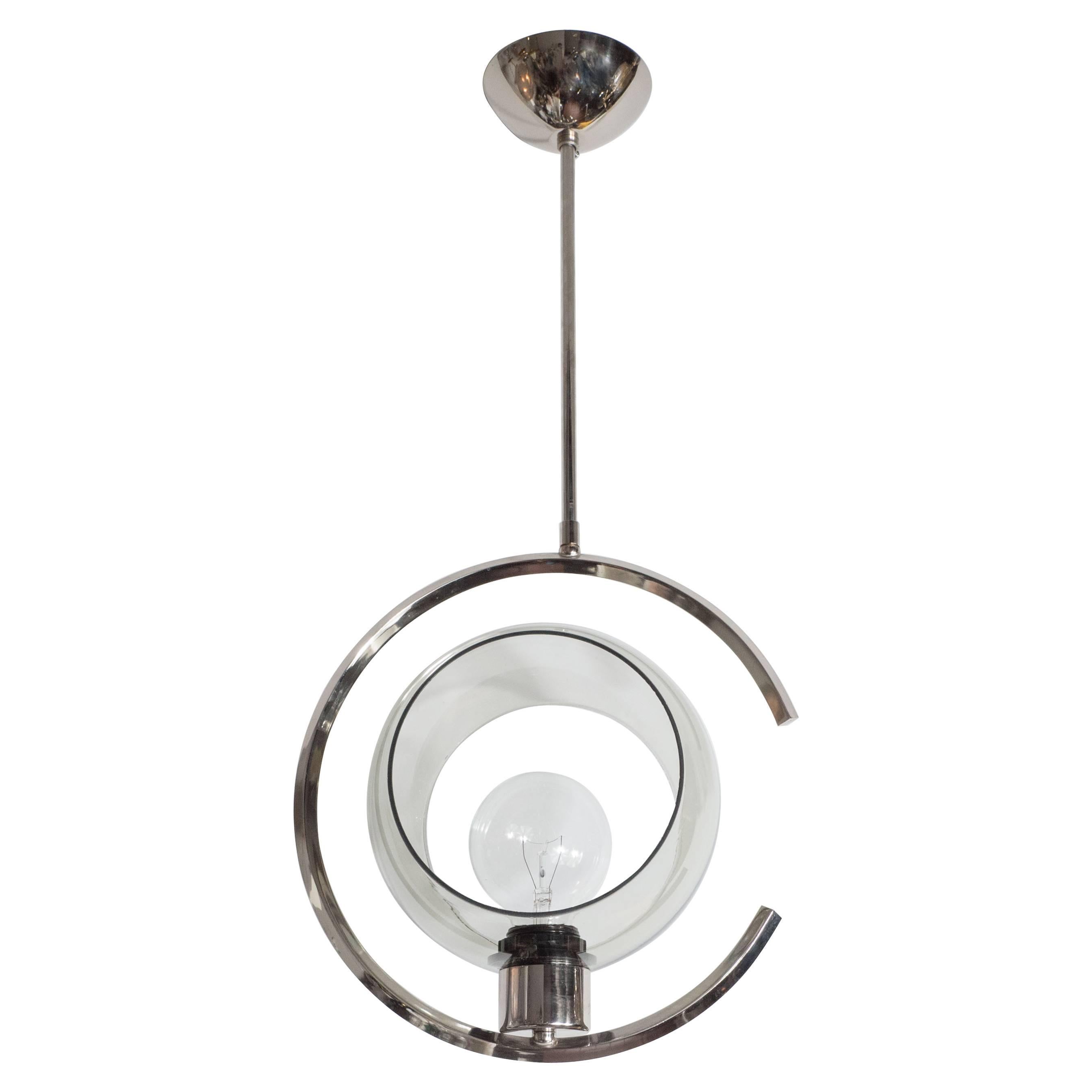 Mid-Century Modernist Concentric Design Chrome and Smoked Glass Pendant For Sale