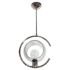Mid-Century Modernist Concentric Design Chrome and Smoked Glass Pendant