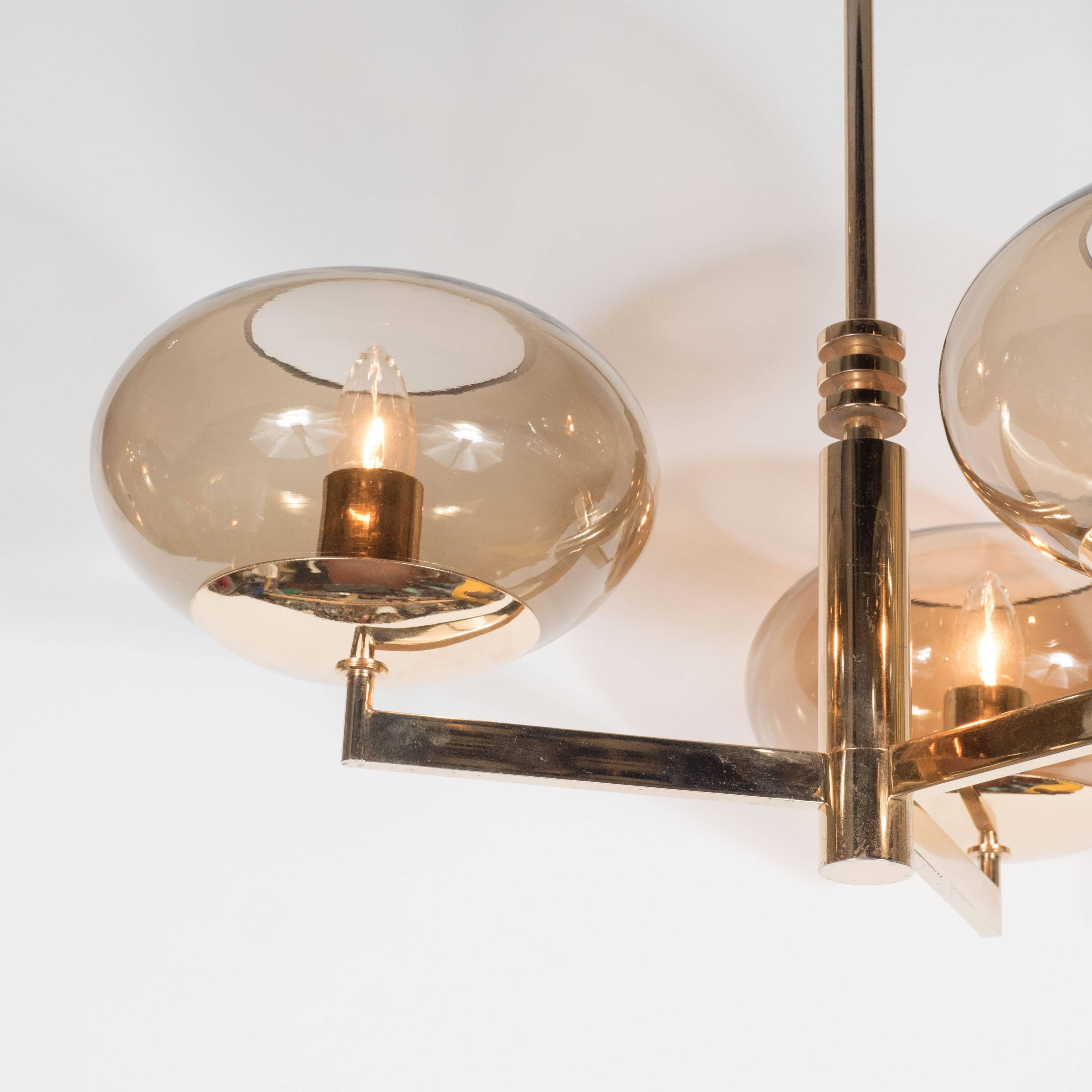 Italian Mid-Century Smoked Glass and Brass Three-Arm Chandelier by Sciolari In Excellent Condition In New York, NY