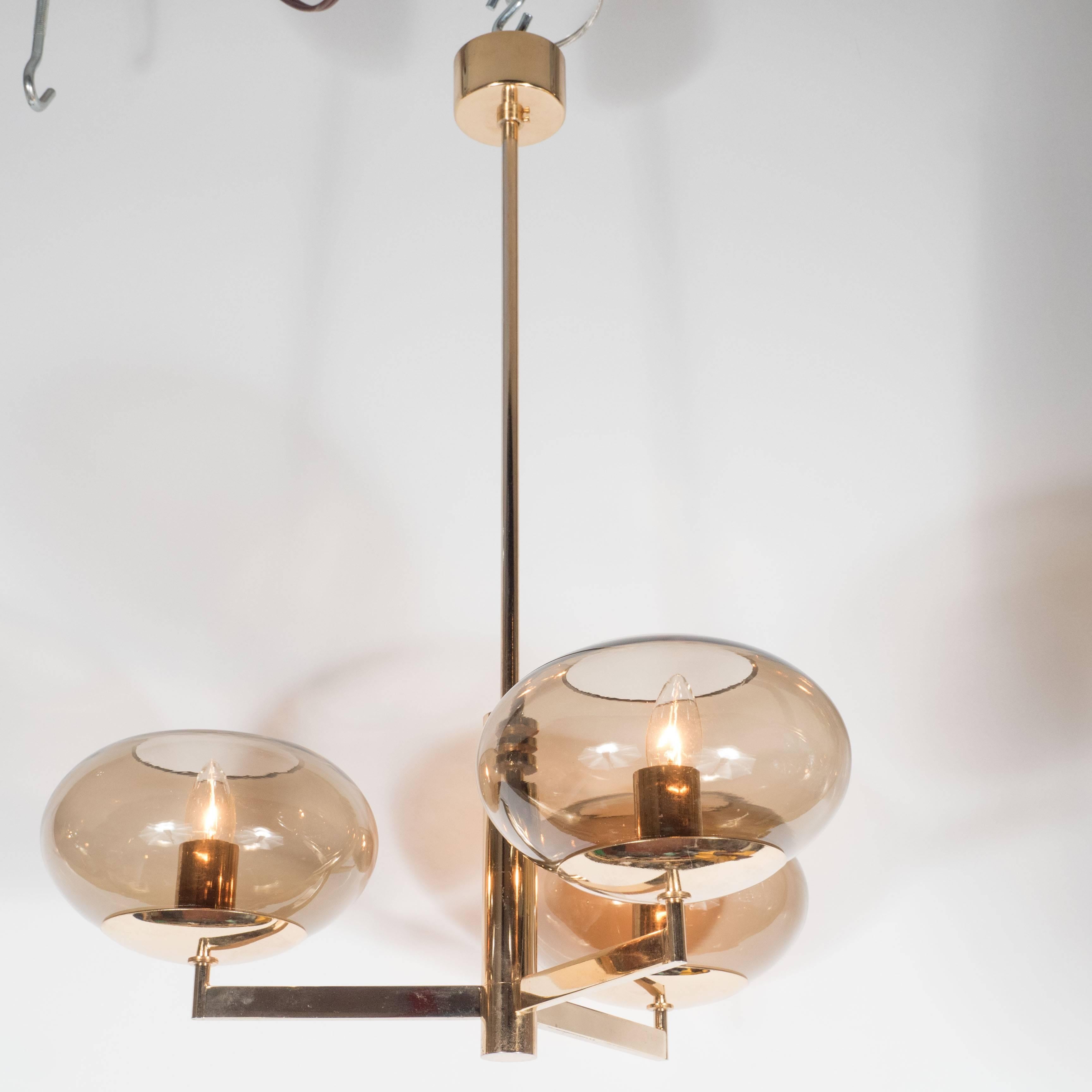 Mid-20th Century Italian Mid-Century Smoked Glass and Brass Three-Arm Chandelier by Sciolari