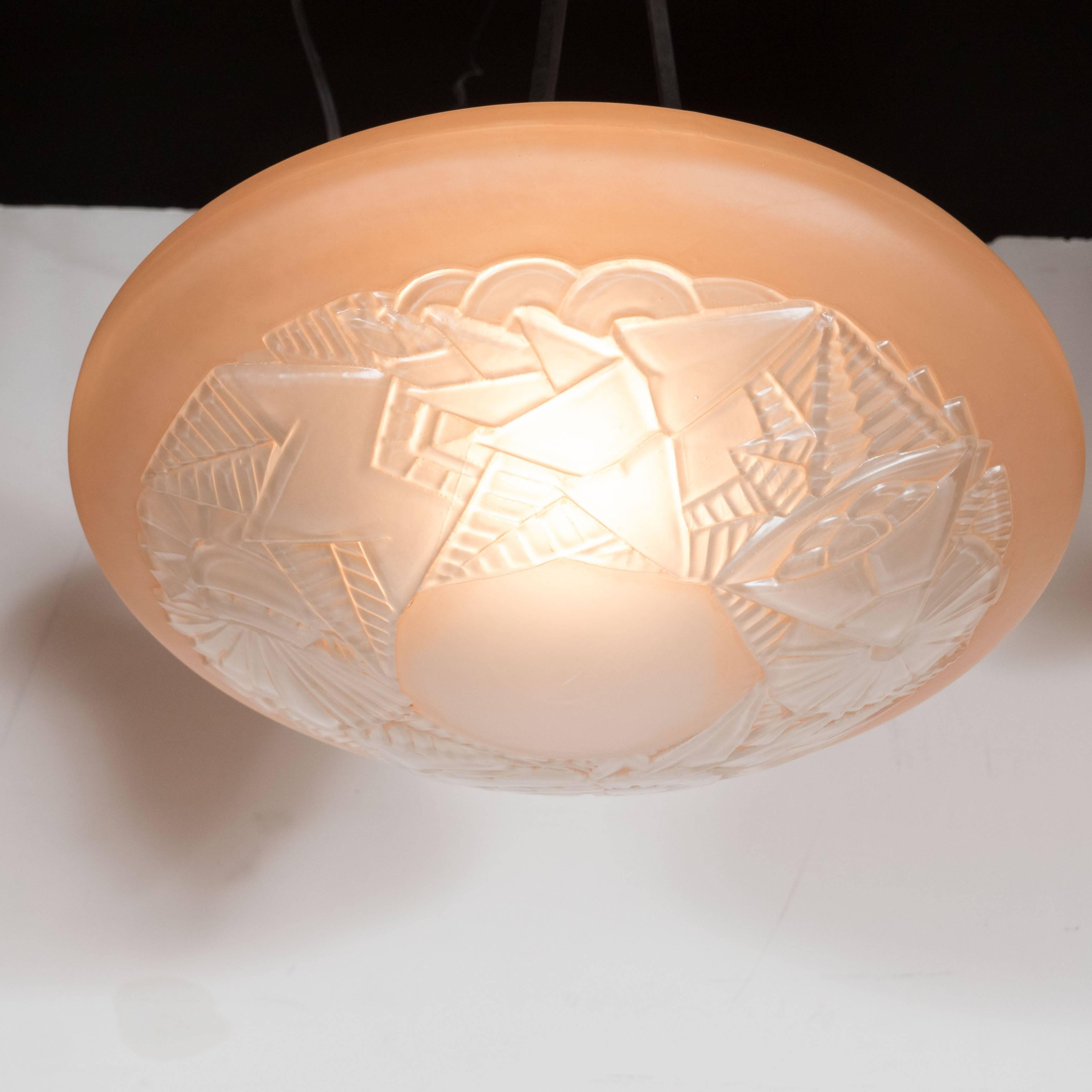 Mid-20th Century French Art Deco Dome Chandelier in Frosted Rose Glass with Geometric Stylings
