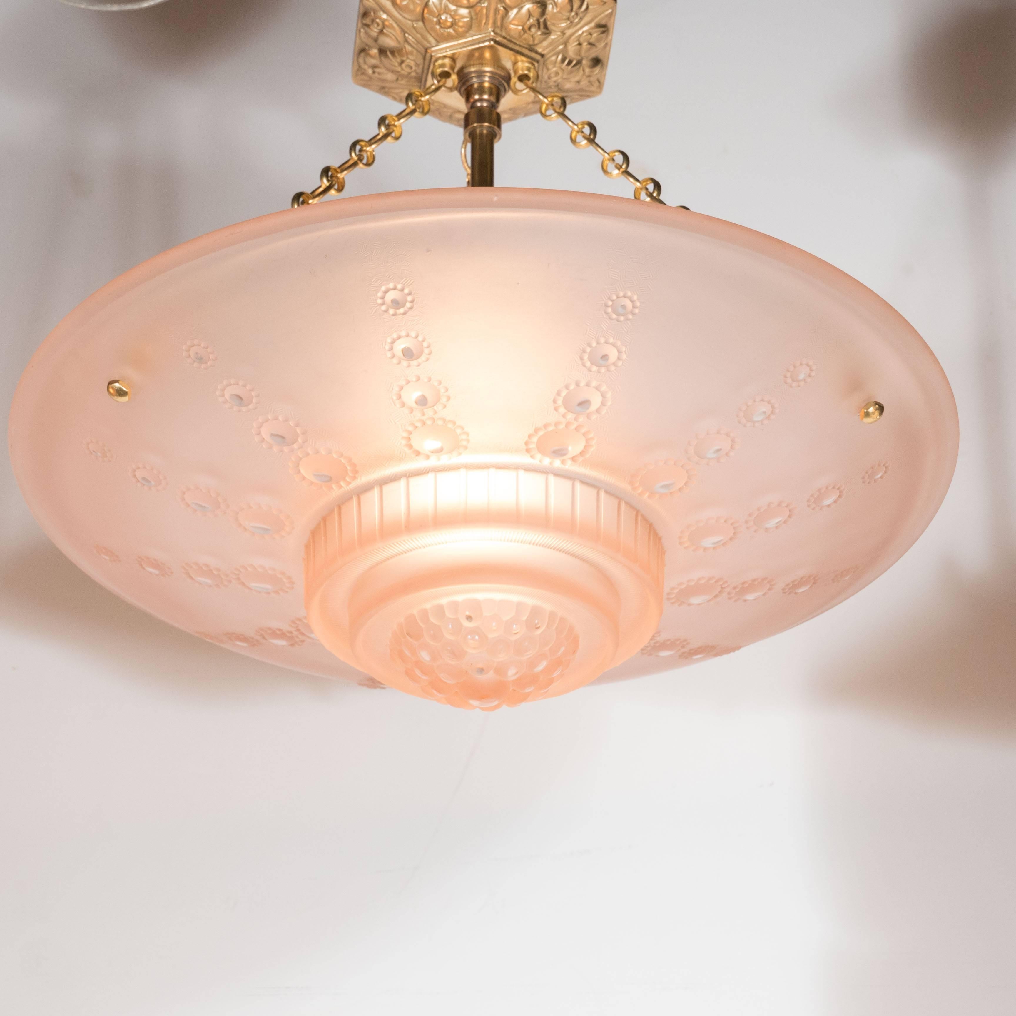 French Art Deco Inverted Dome Chandelier by Georges Leleu in Frosted Rose Glass In Excellent Condition In New York, NY