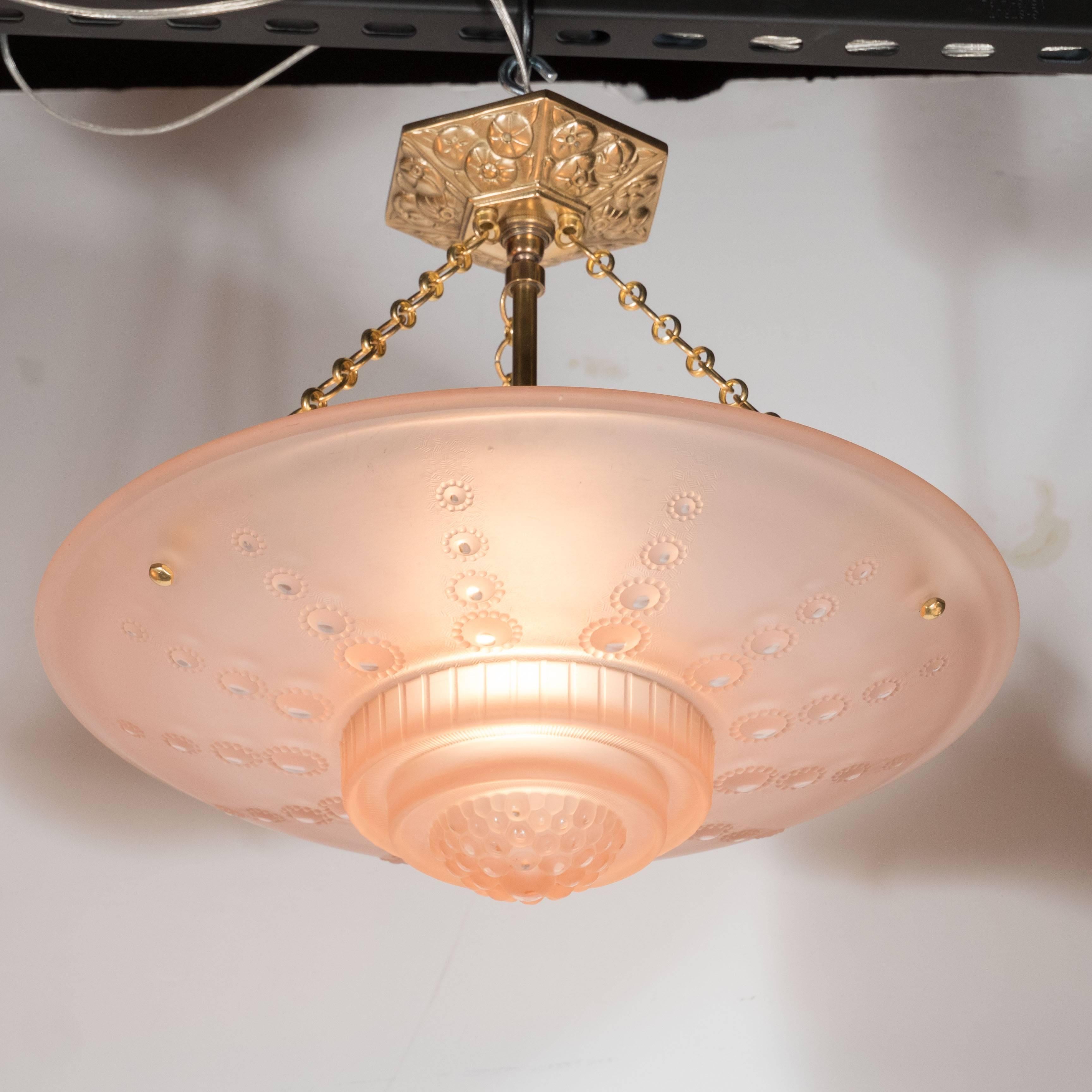 French Art Deco Inverted Dome Chandelier by Georges Leleu in Frosted Rose Glass 1