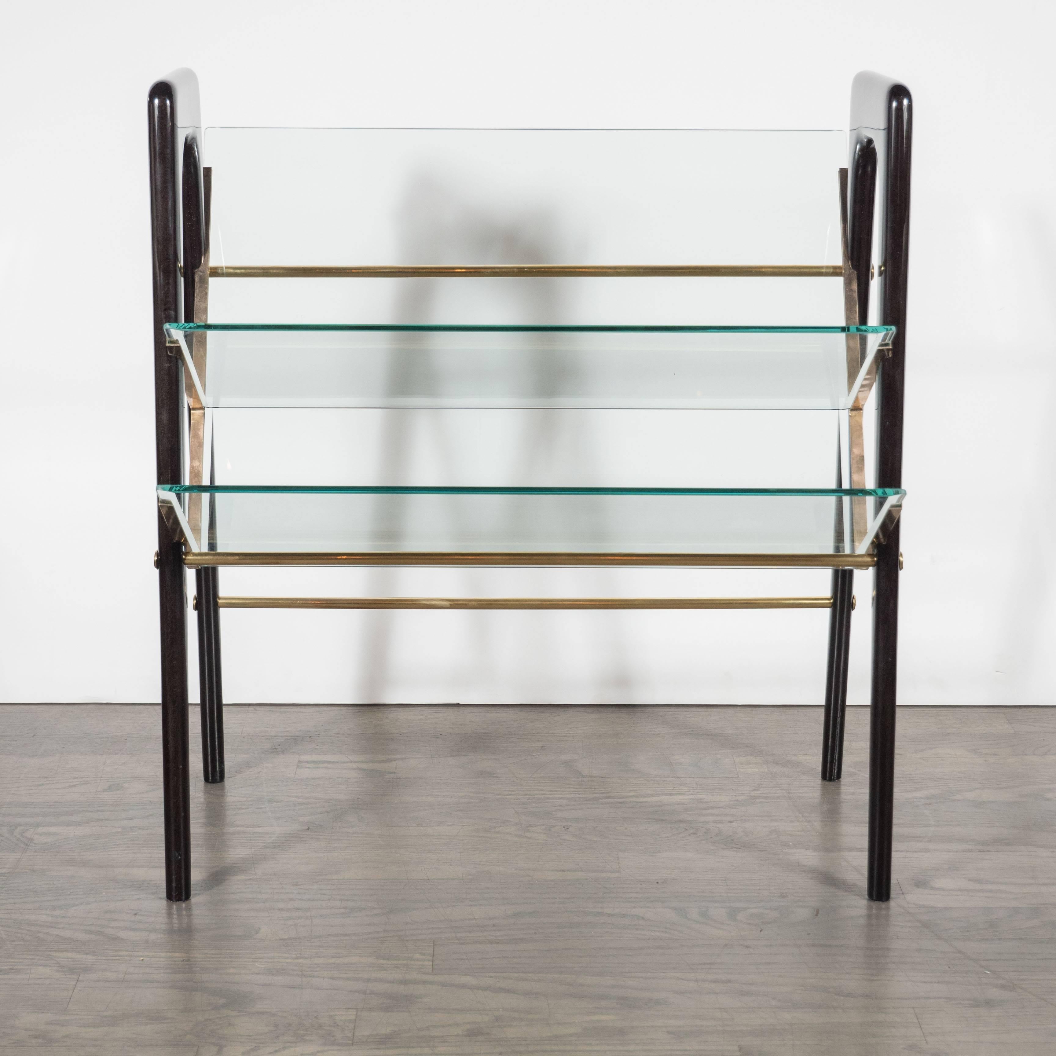 Italian Magazine Stand in Ebonized Walnut, Brass and Glass, in the Manner of Ico Parisi