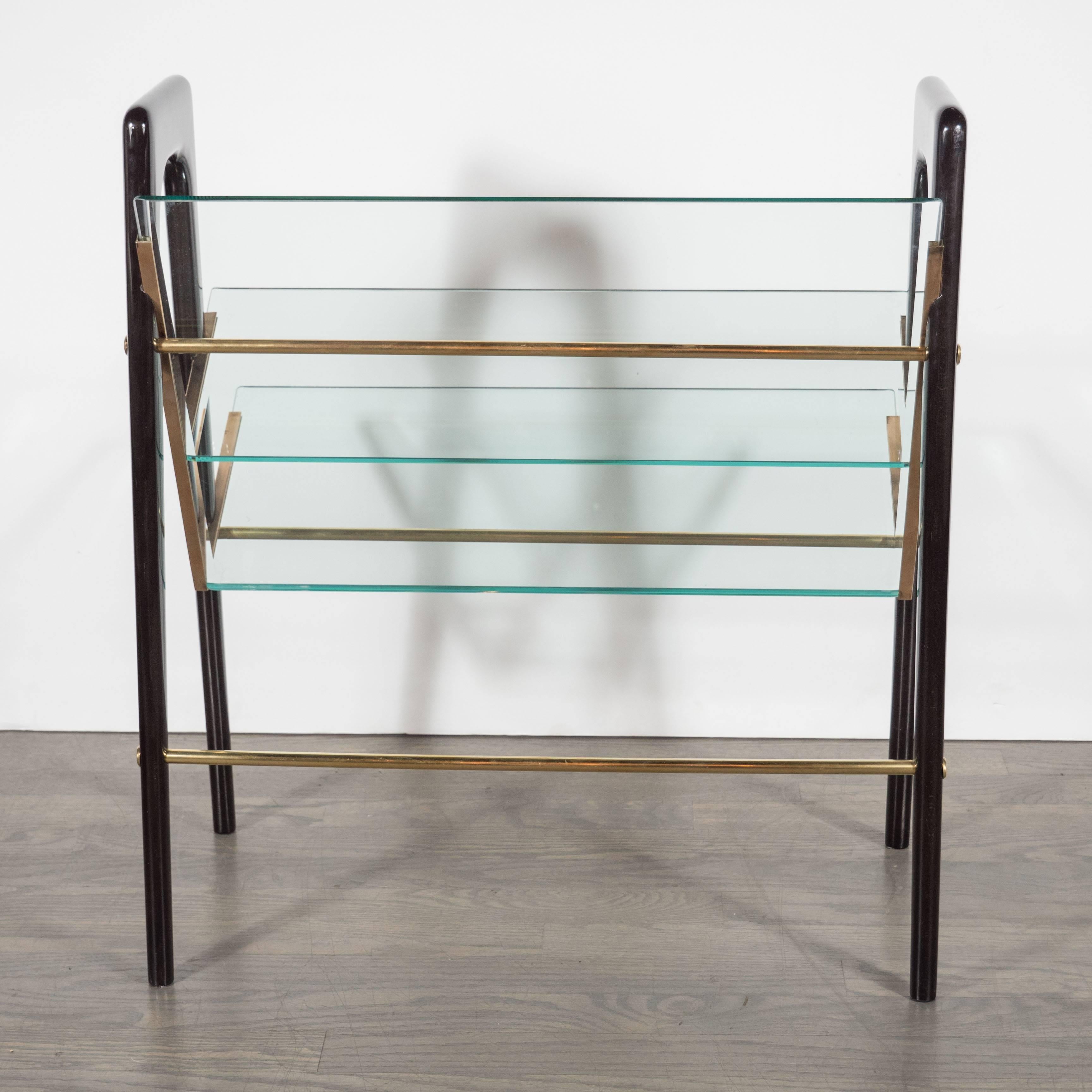 Magazine Stand in Ebonized Walnut, Brass and Glass, in the Manner of Ico Parisi 1