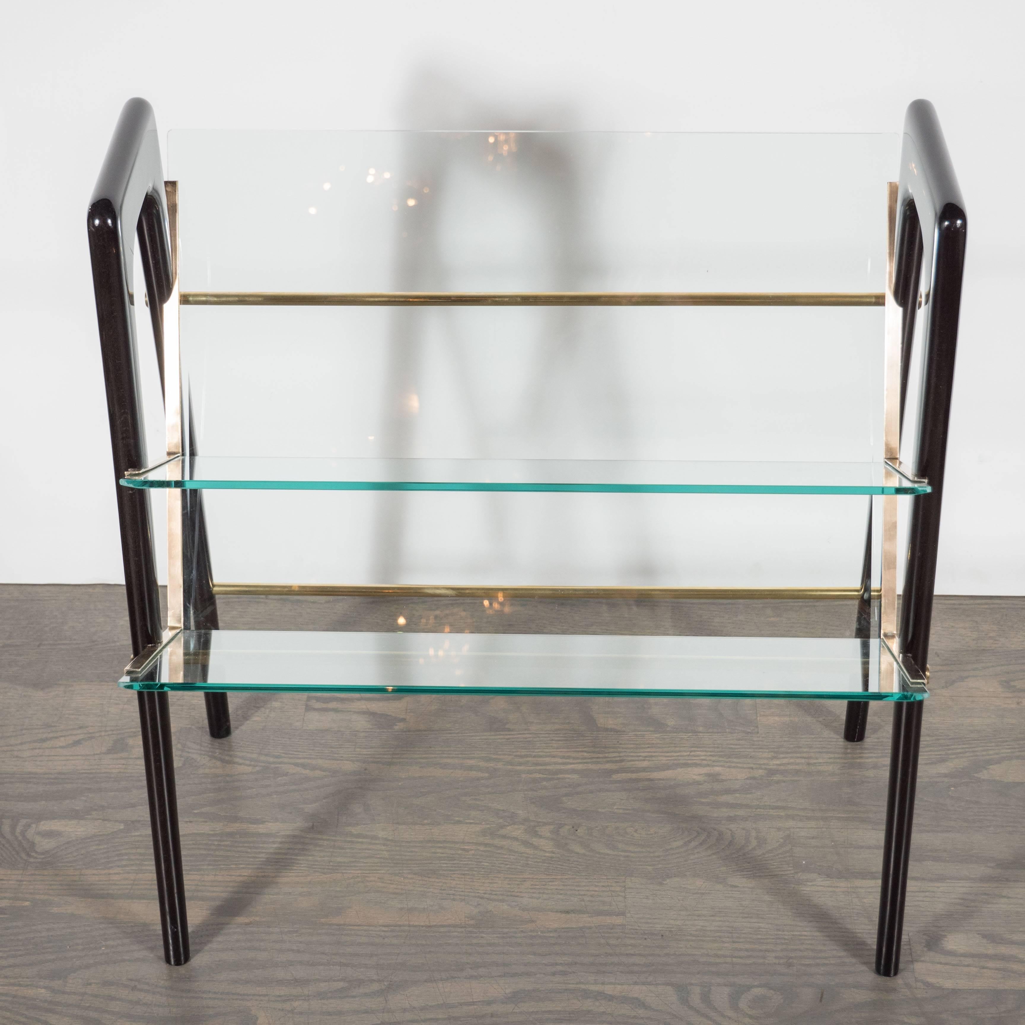 Mid-20th Century Magazine Stand in Ebonized Walnut, Brass and Glass, in the Manner of Ico Parisi